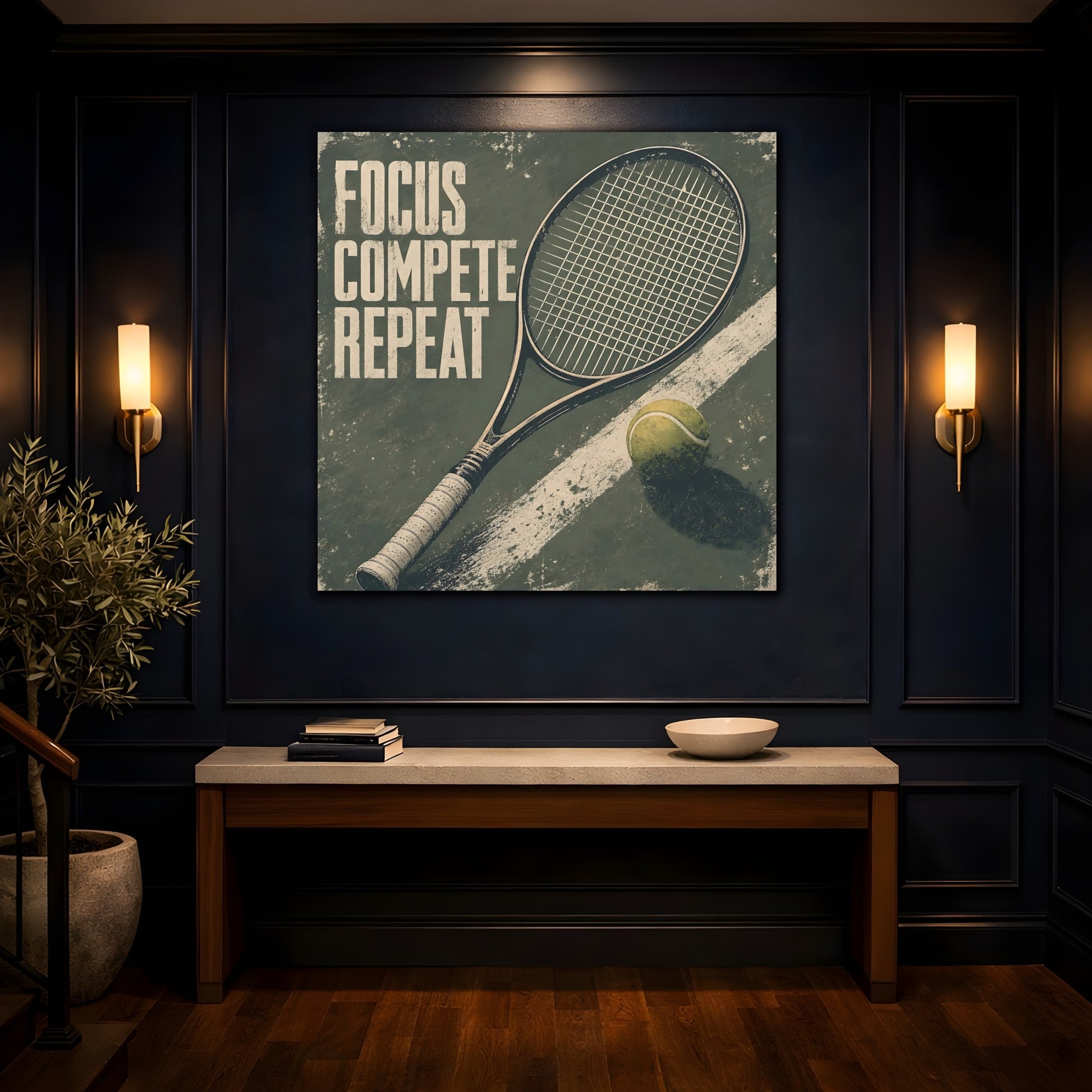 Mockup 4. Sports Tennis Racket Distressed Green shown as canvas print