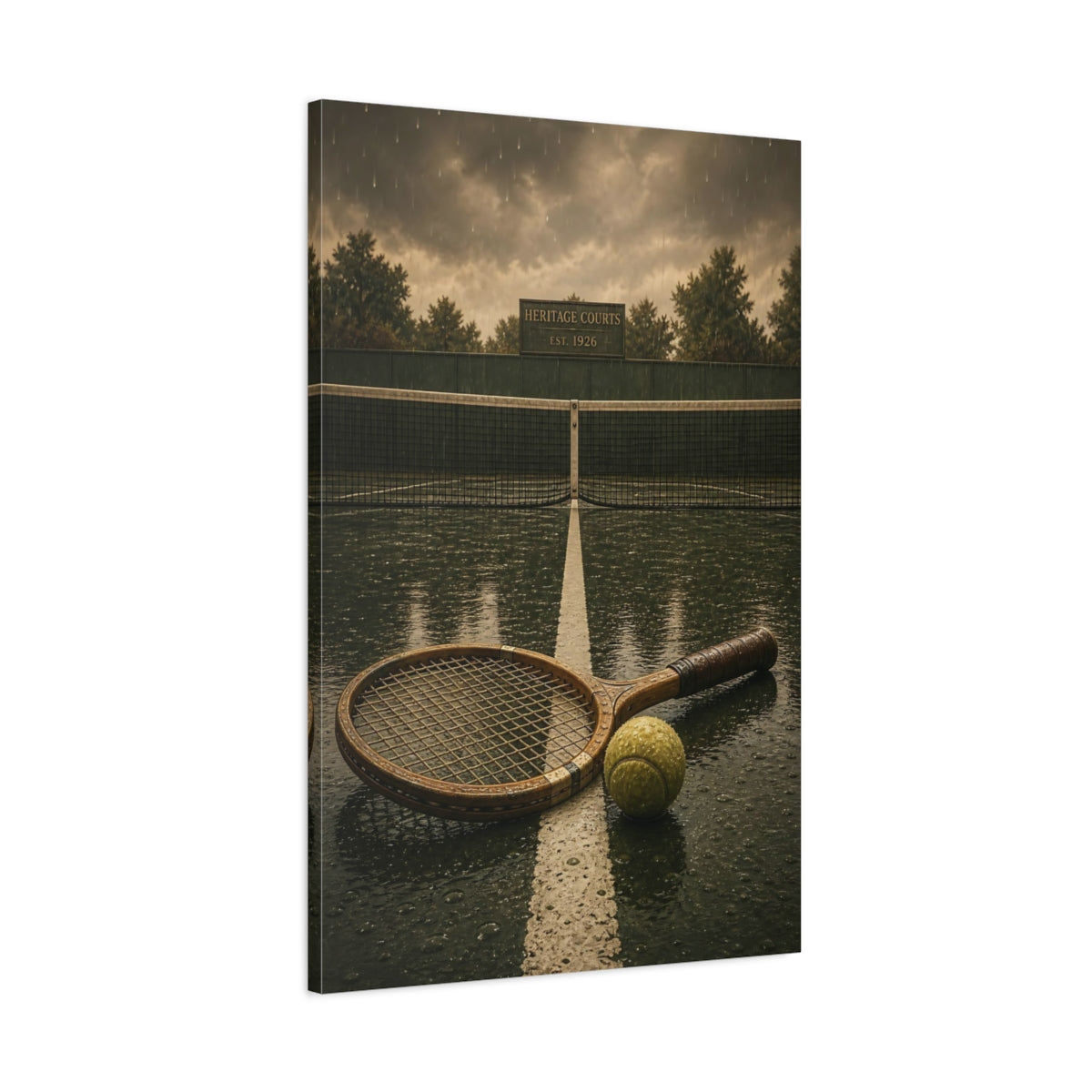 Main Mockup. Sports Tennis Racket Green Brown Rain shown as canvas print