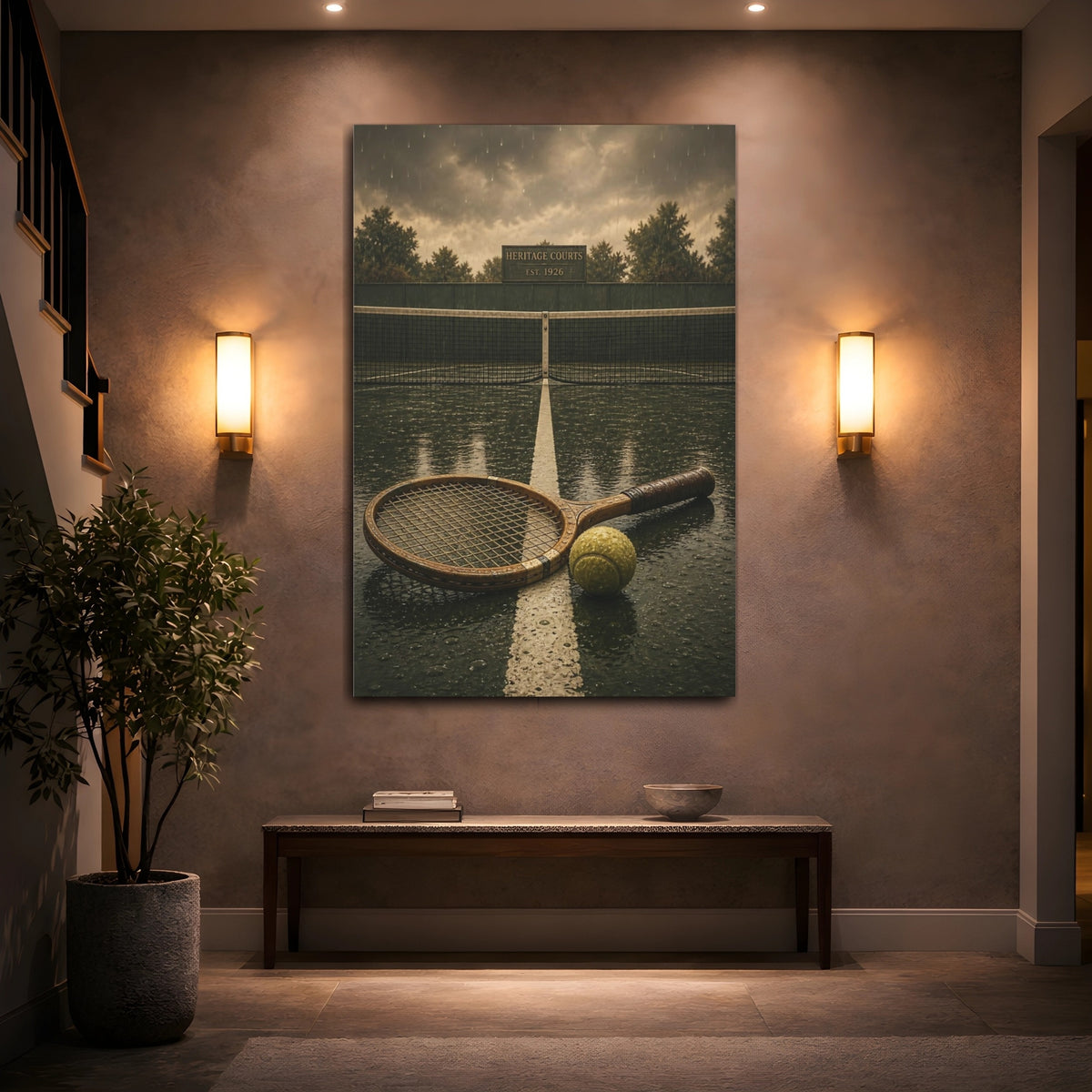Mockup 2. Sports Tennis Racket Green Brown Rain shown as canvas print