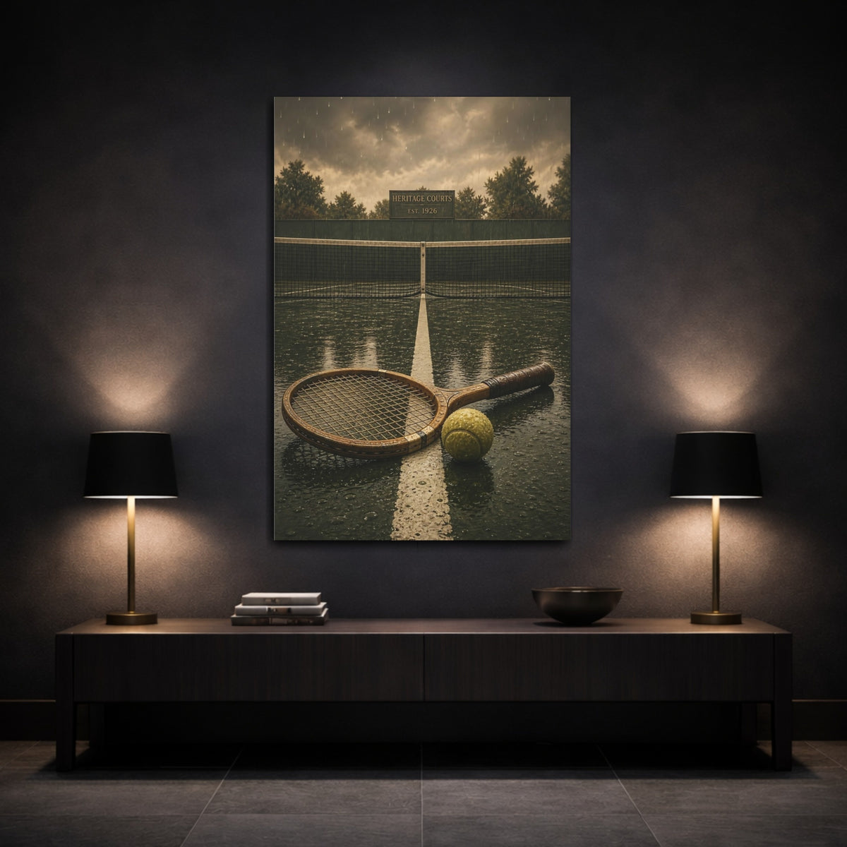Mockup 3. Sports Tennis Racket Green Brown Rain shown as canvas print