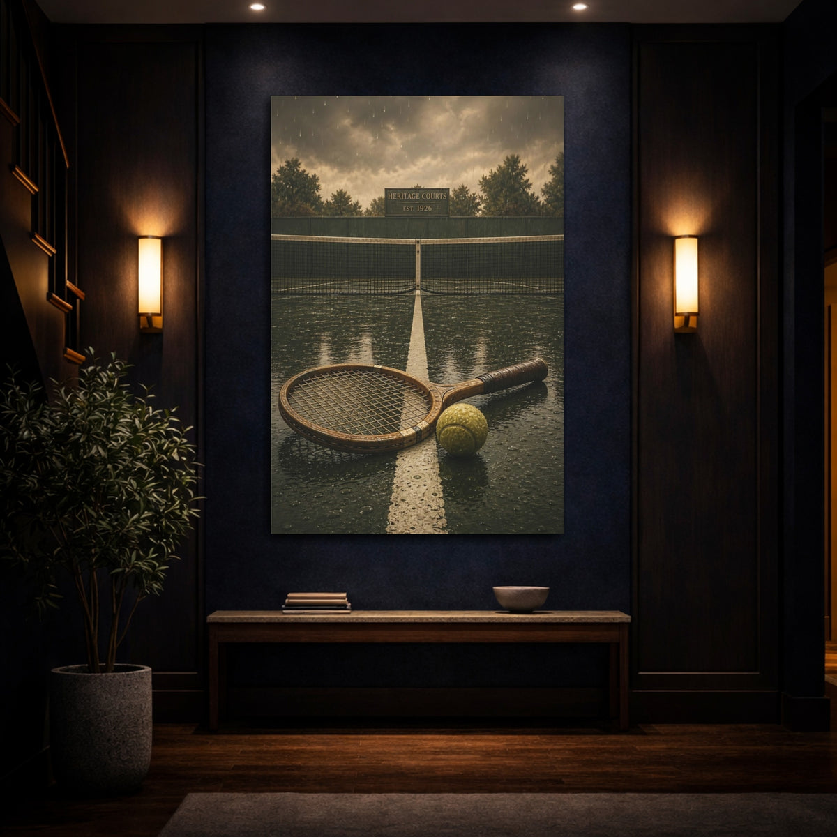 Mockup 4. Sports Tennis Racket Green Brown Rain shown as canvas print