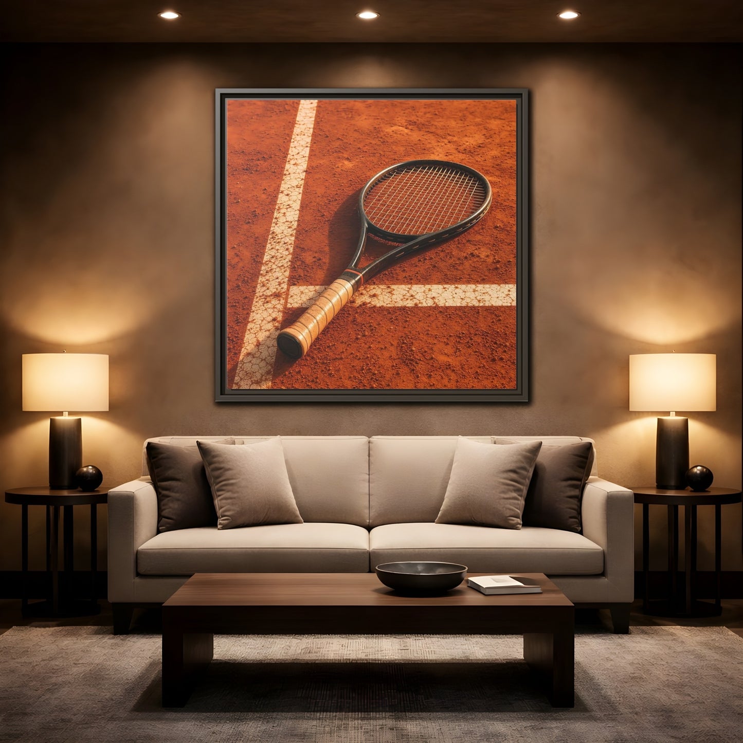 Mockup 2. Sports Tennis Racket Tennis Clay Court shown as framed canvas print