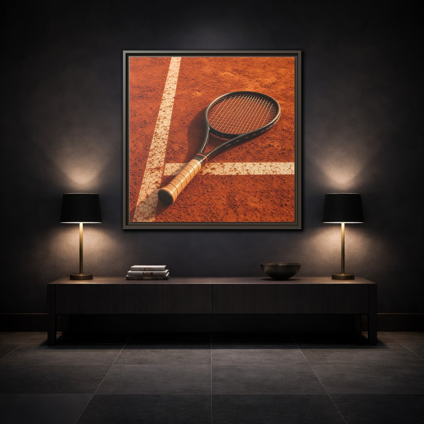 Mockup 3. Sports Tennis Racket Tennis Clay Court shown as framed canvas print