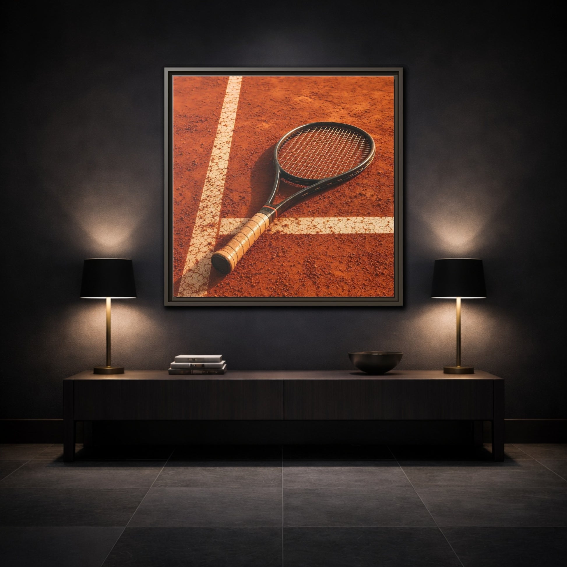 Mockup 3. Sports Tennis Racket Tennis Clay Court shown as framed canvas print