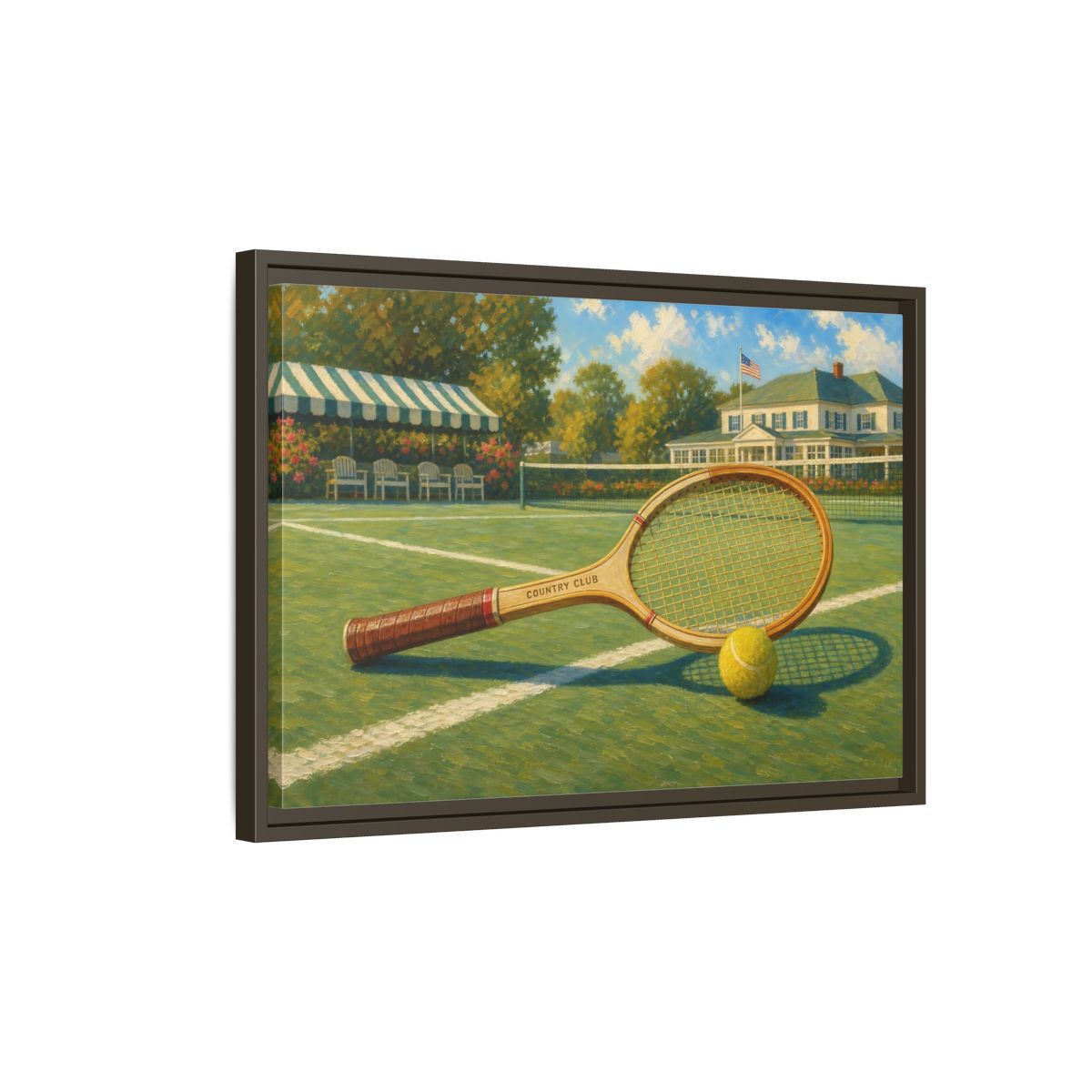 Side Mockup 2. Sports Tennis Racket Vintage Tennis shown as framed canvas print