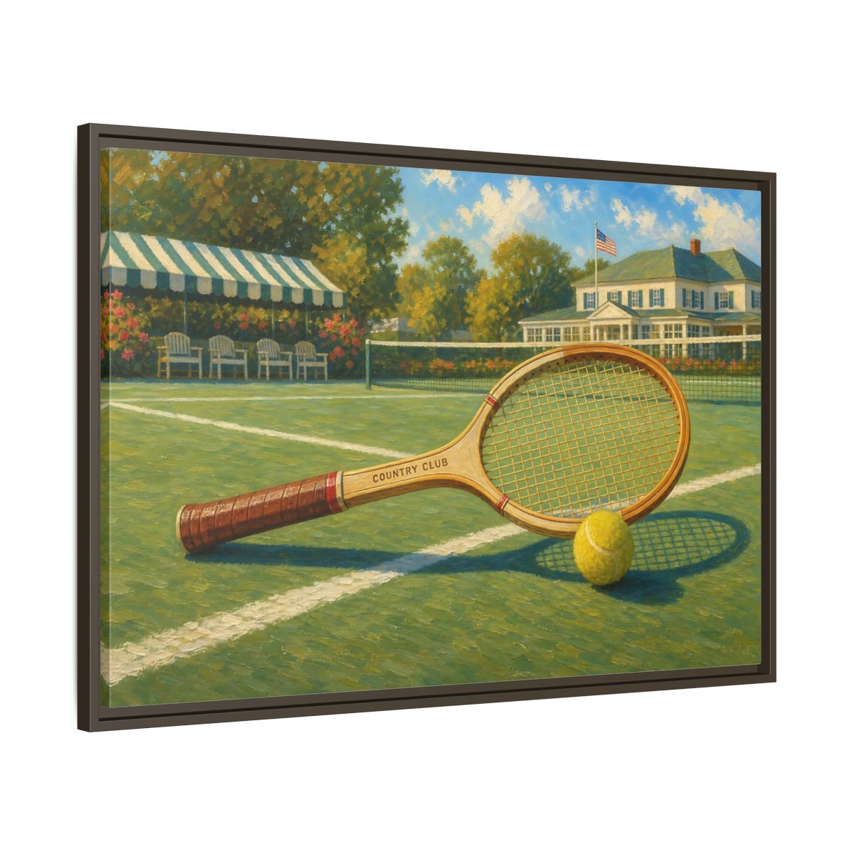 Main Mockup. Sports Tennis Racket Vintage Tennis shown as framed canvas print