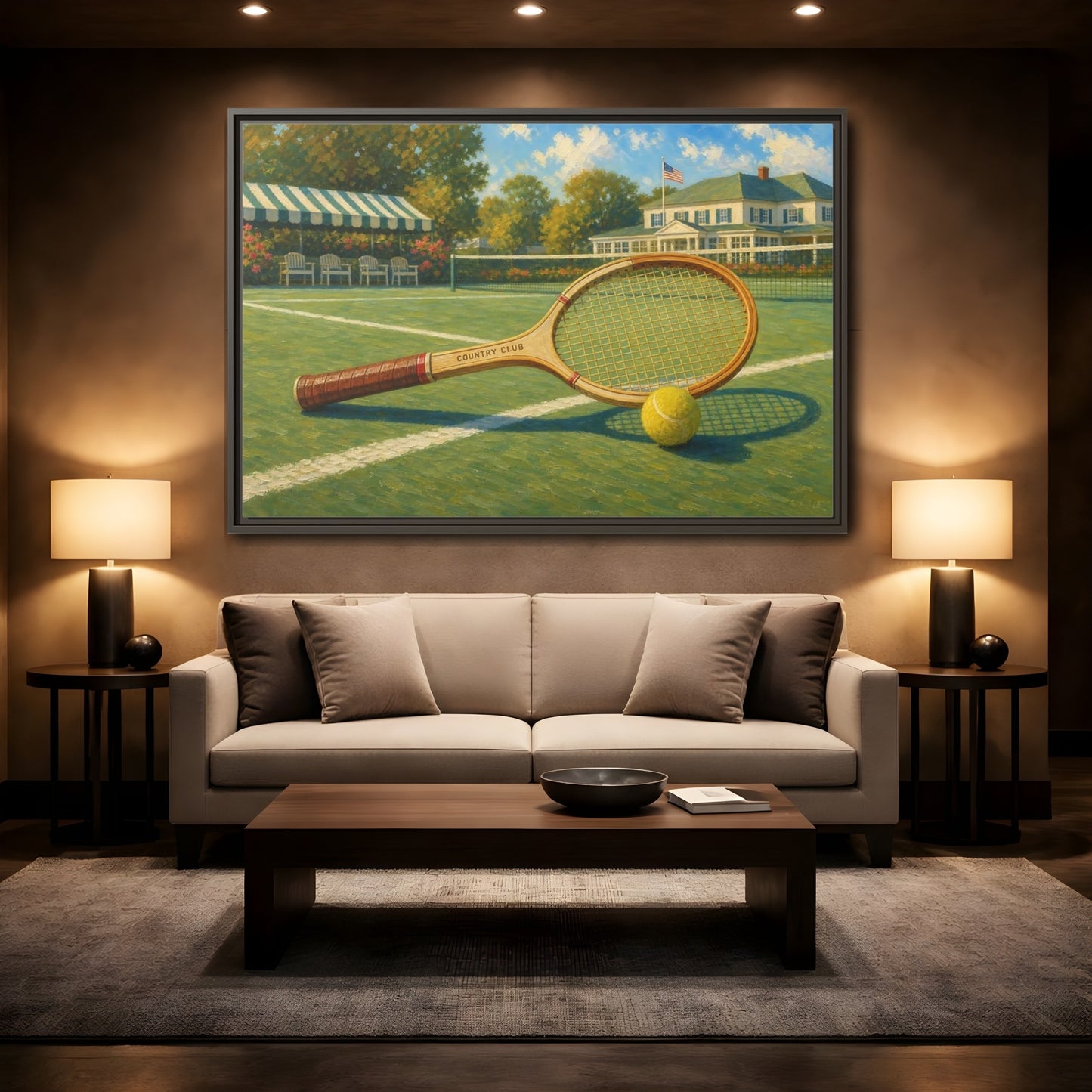 Mockup 2. Sports Tennis Racket Vintage Tennis shown as framed canvas print