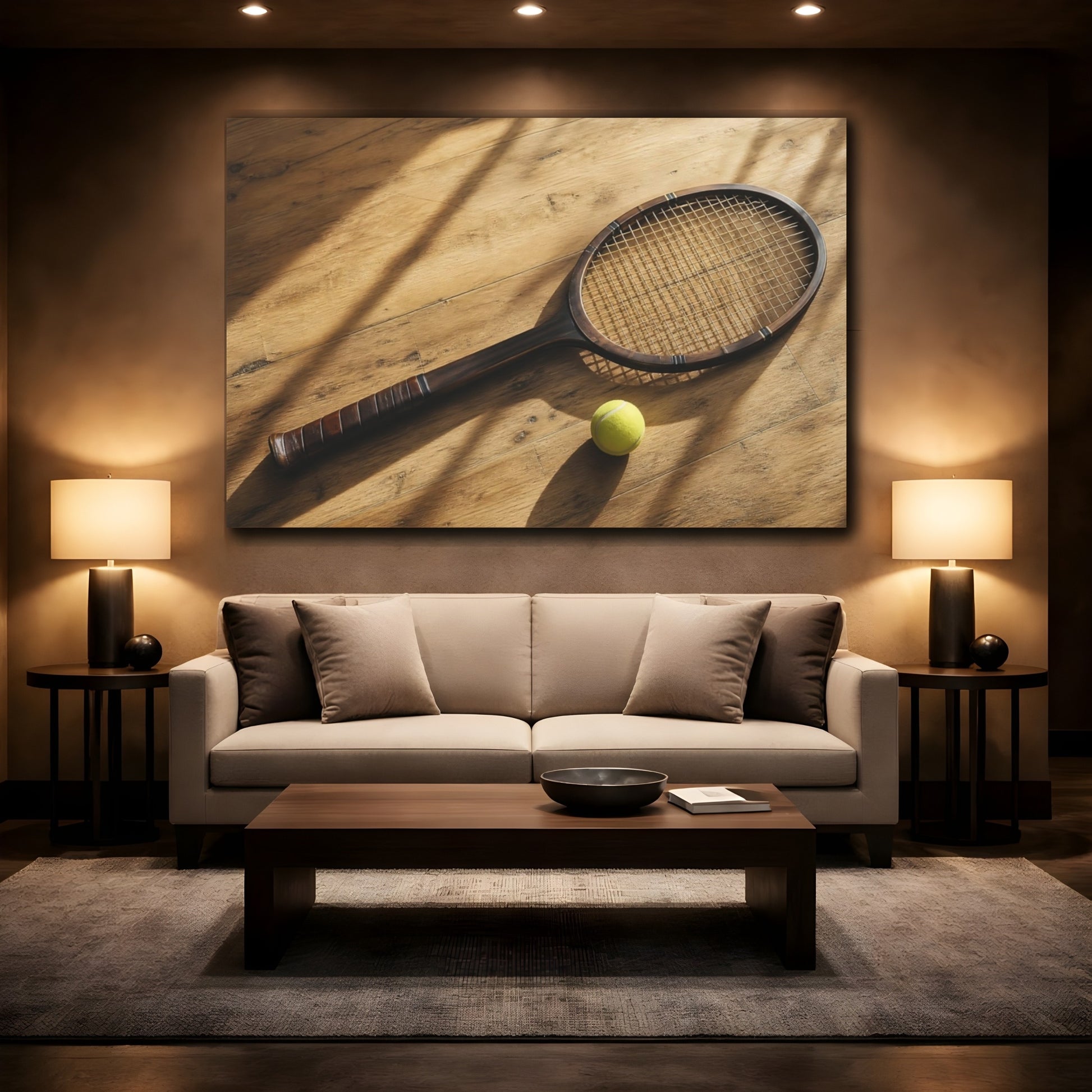 Mockup 2. Sports Tennis Racket Vintage Tennis shown as canvas print