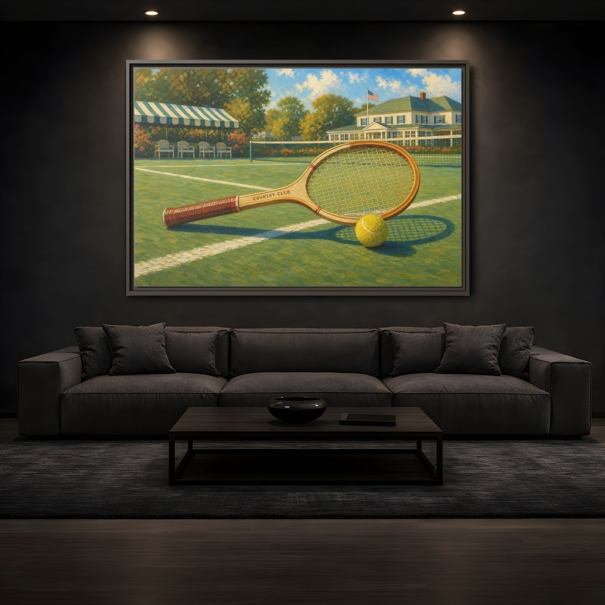 Mockup 3. Sports Tennis Racket Vintage Tennis shown as framed canvas print