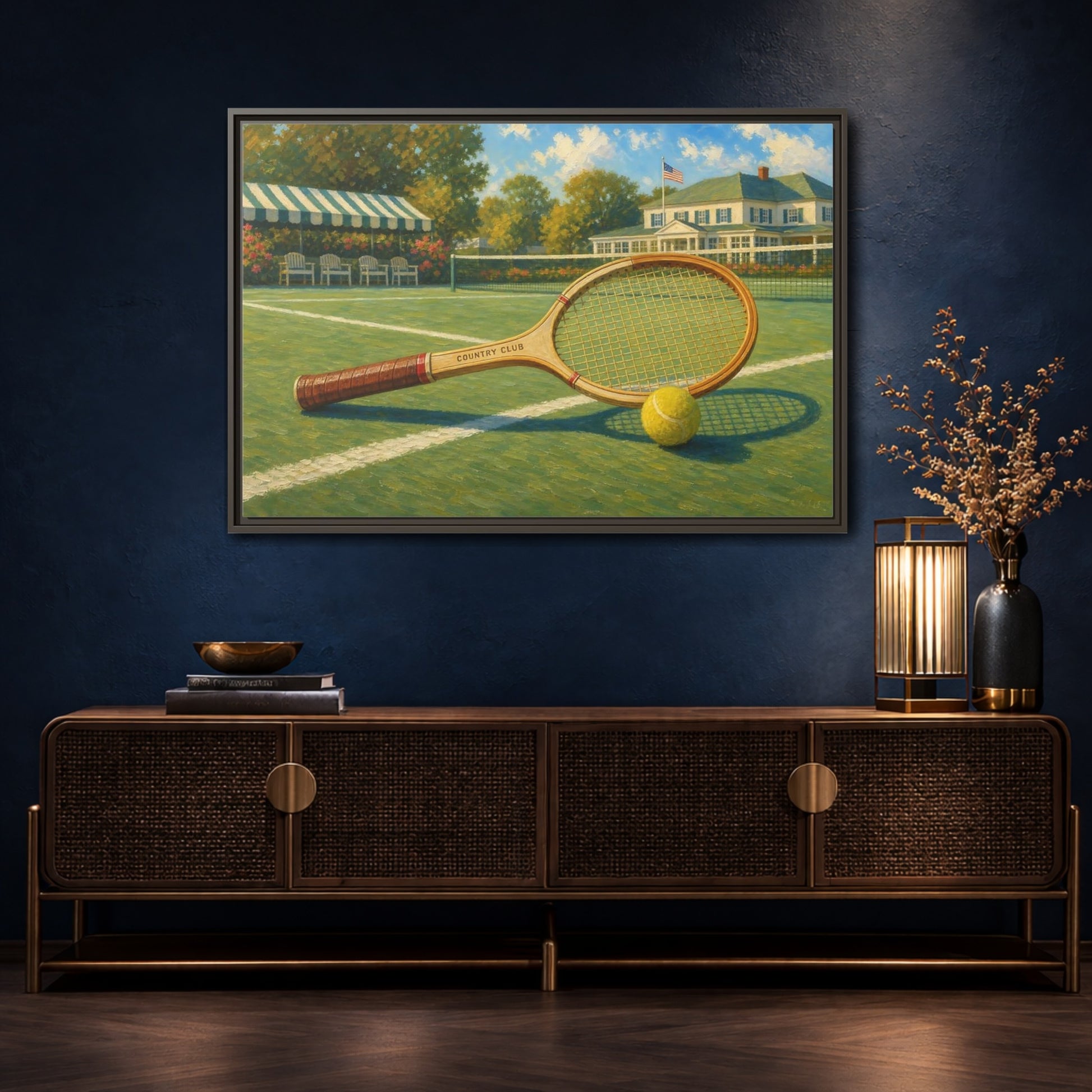 Mockup 4. Sports Tennis Racket Vintage Tennis shown as framed canvas print