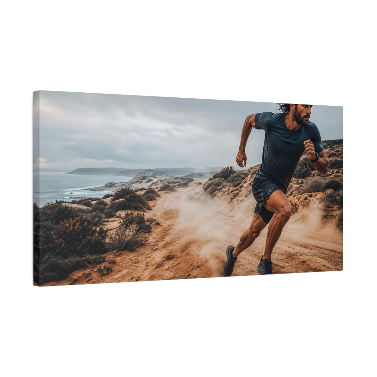 Side Mockup 1. Sports Trail Runner Brown Grey Runner shown as canvas print