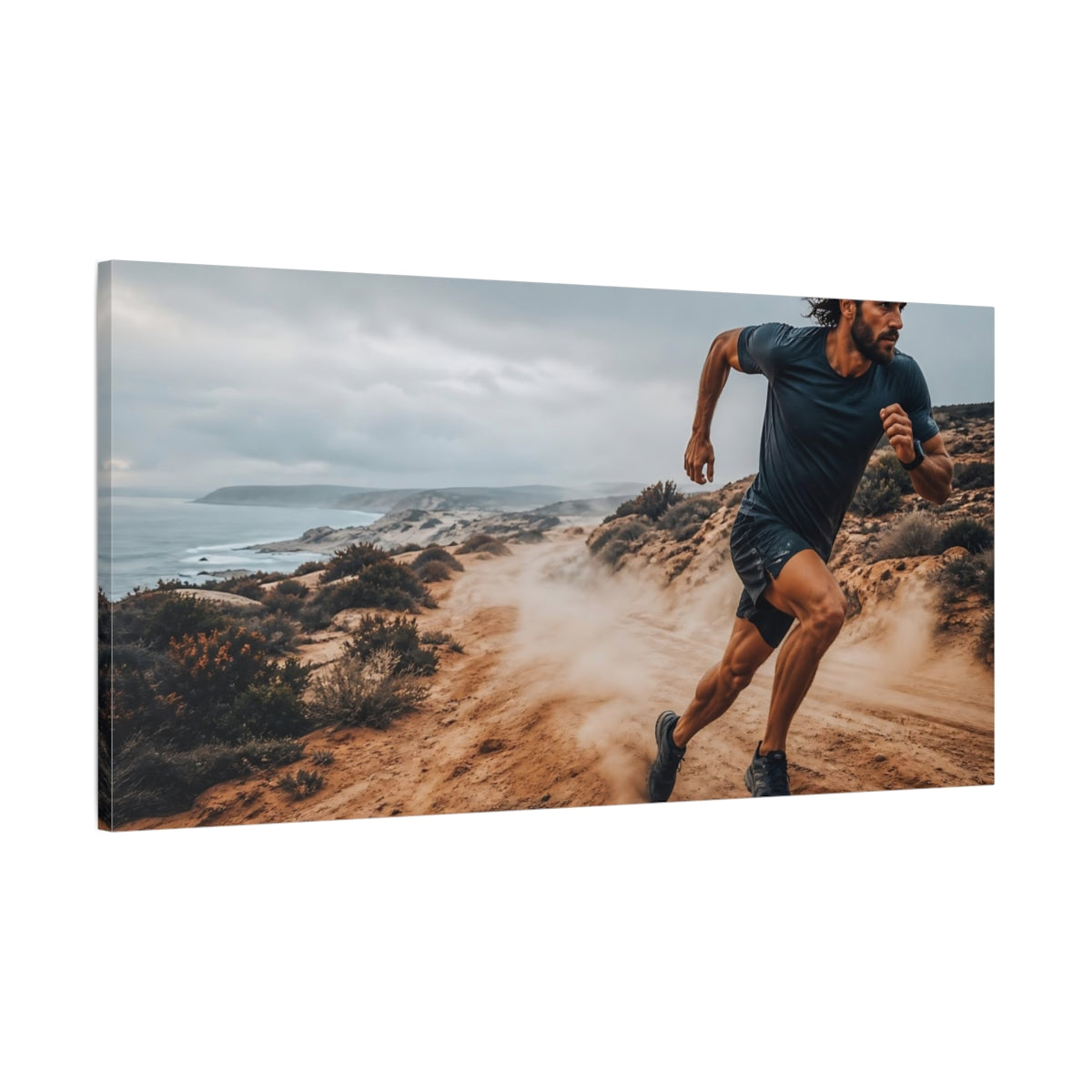 Main Mockup. Sports Trail Runner Brown Grey Runner shown as canvas print