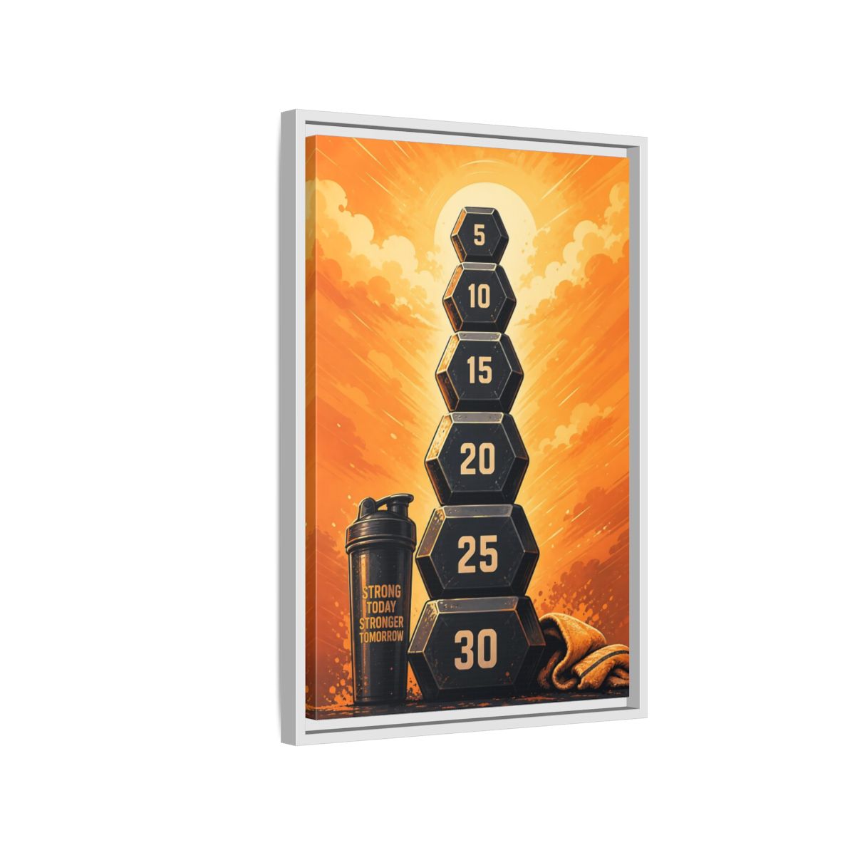 Side Mockup 1. Sports Weight Stack Orange Black Fitness shown as framed canvas print