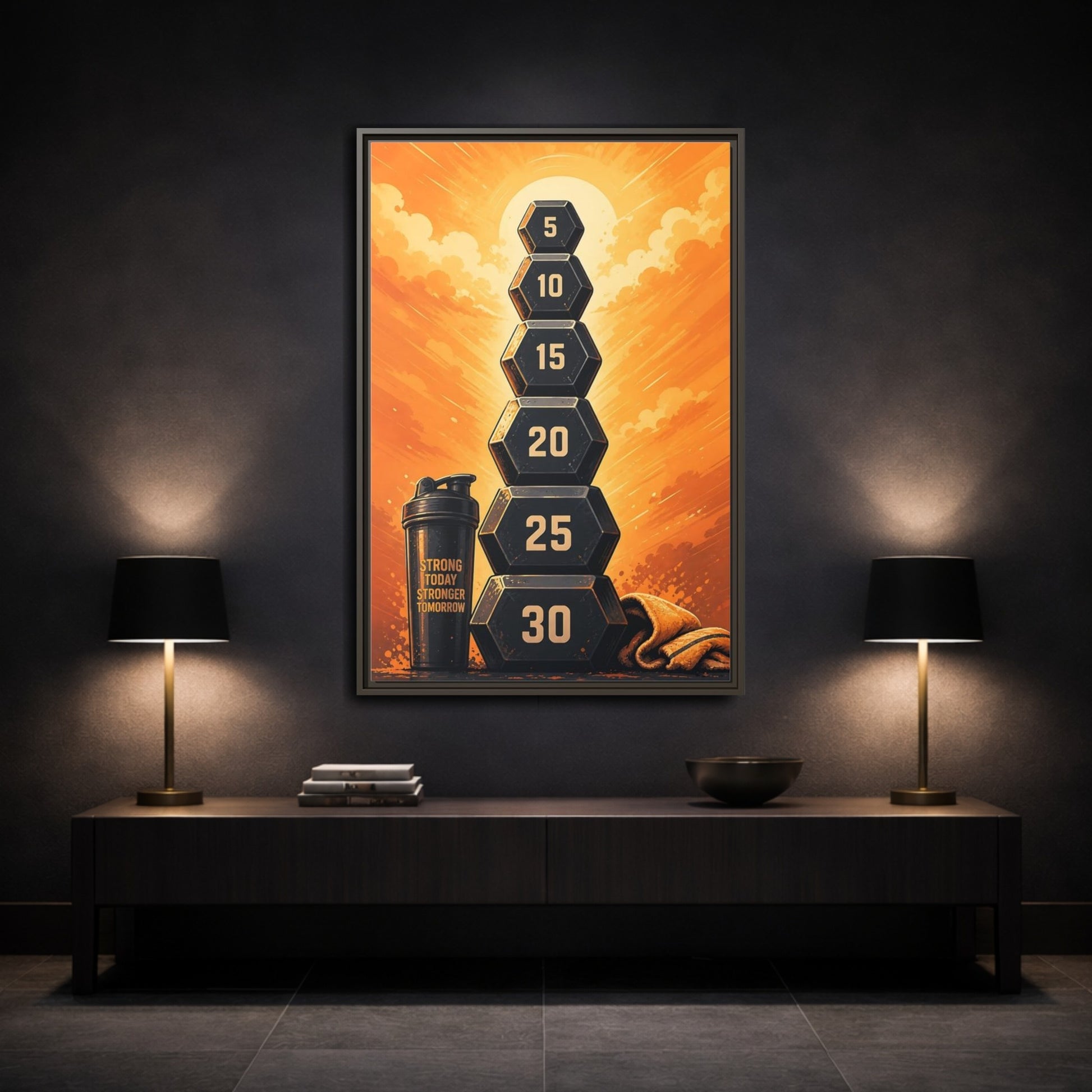 Mockup 3. Sports Weight Stack Orange Black Fitness shown as framed canvas print