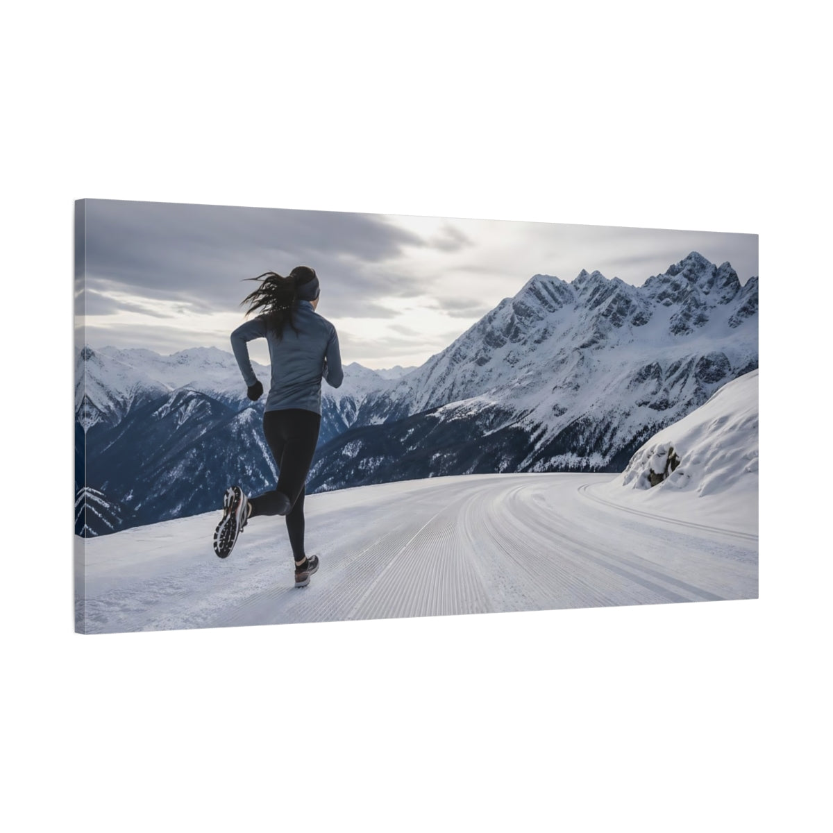Main Mockup. Sports Winter Runner Snowy Mountain Running shown as canvas print
