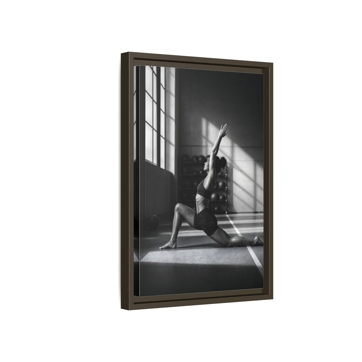 Side Mockup 5. Sports Woman Stretching Monochrome Fitness shown as framed canvas print