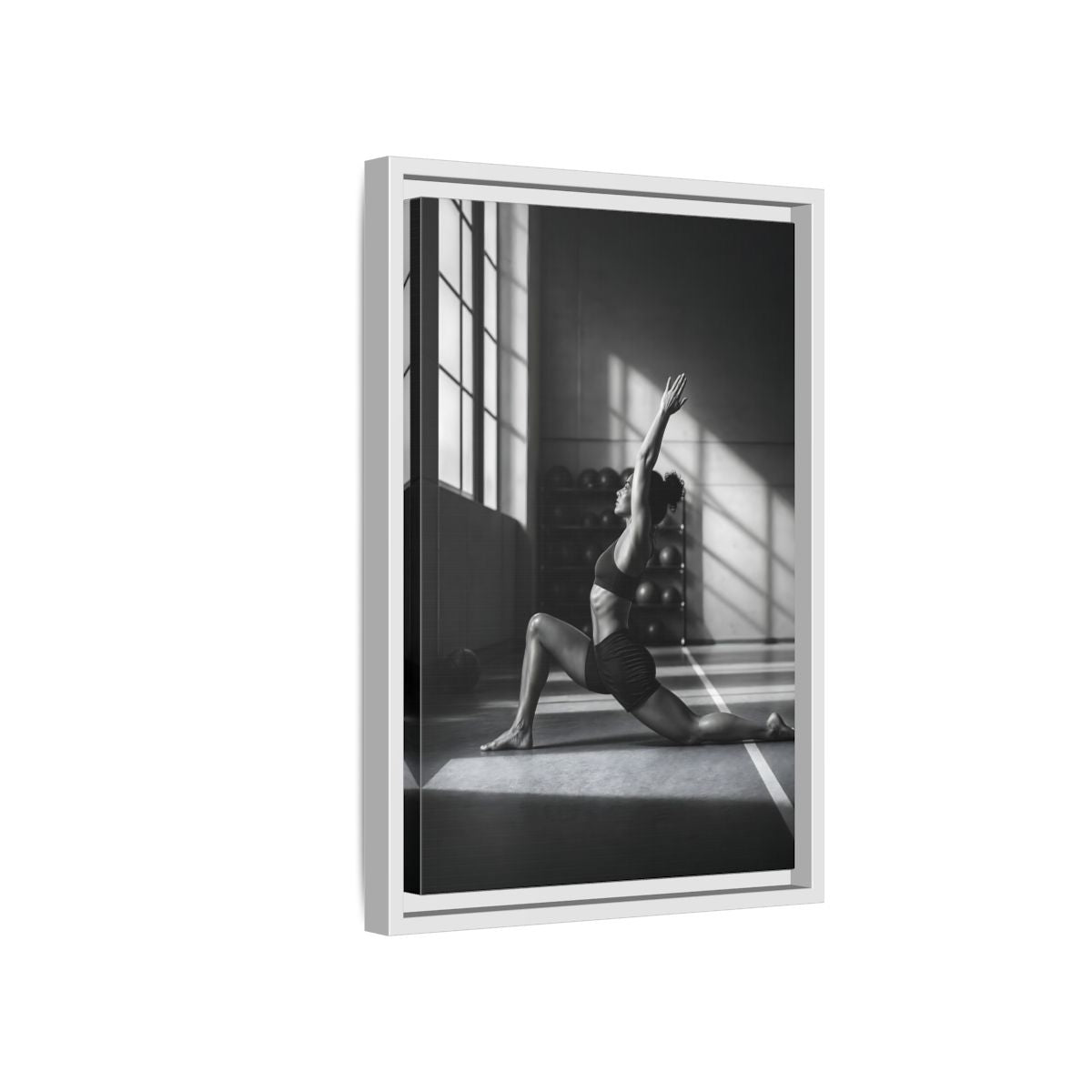 Side Mockup 4. Sports Woman Stretching Monochrome Fitness shown as framed canvas print