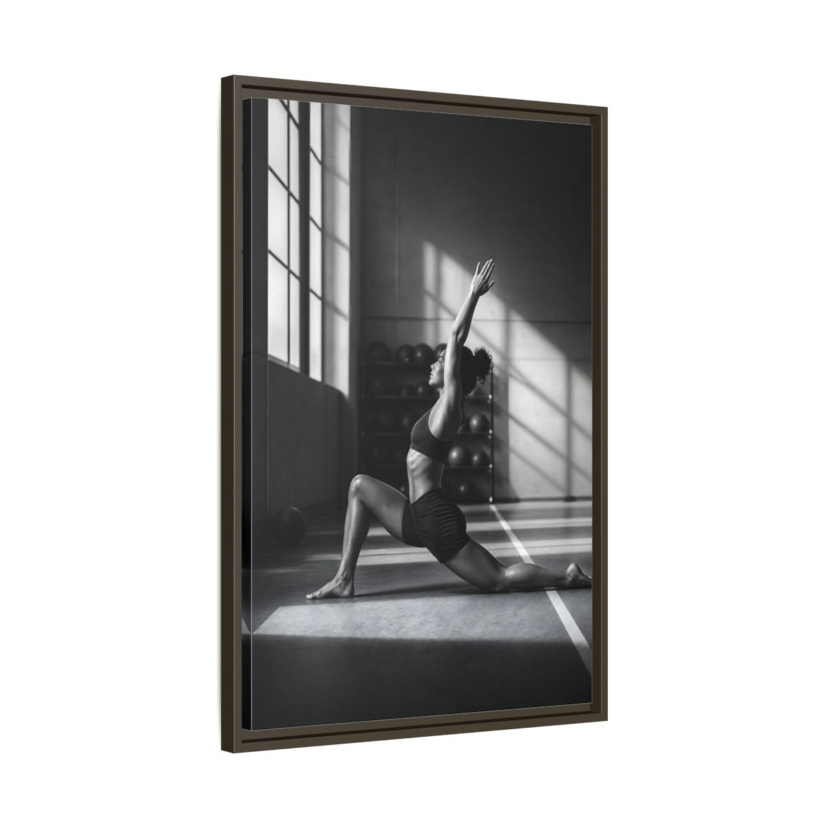 Side Mockup 11. Sports Woman Stretching Monochrome Fitness shown as framed canvas print
