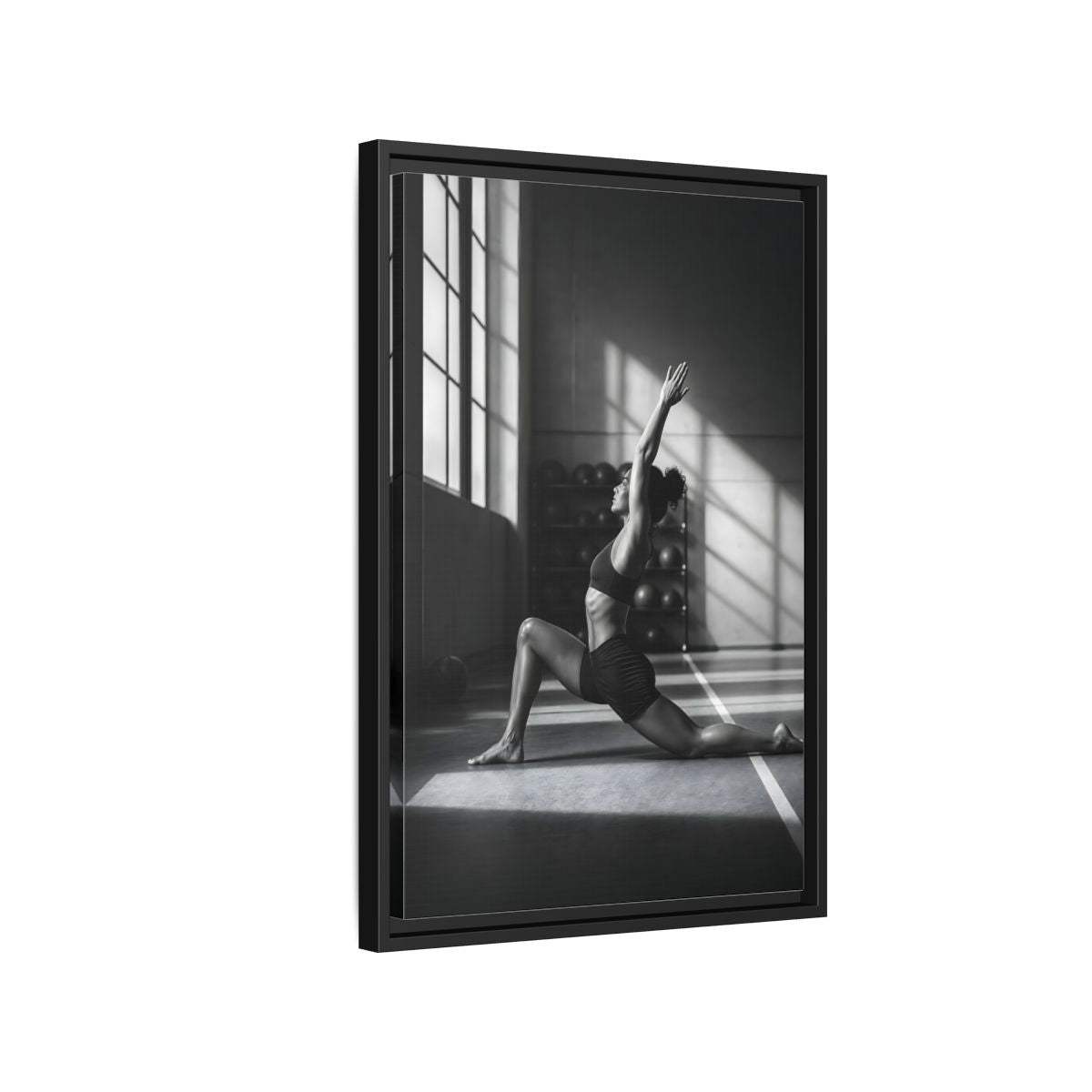 Side Mockup 3. Sports Woman Stretching Monochrome Fitness shown as framed canvas print