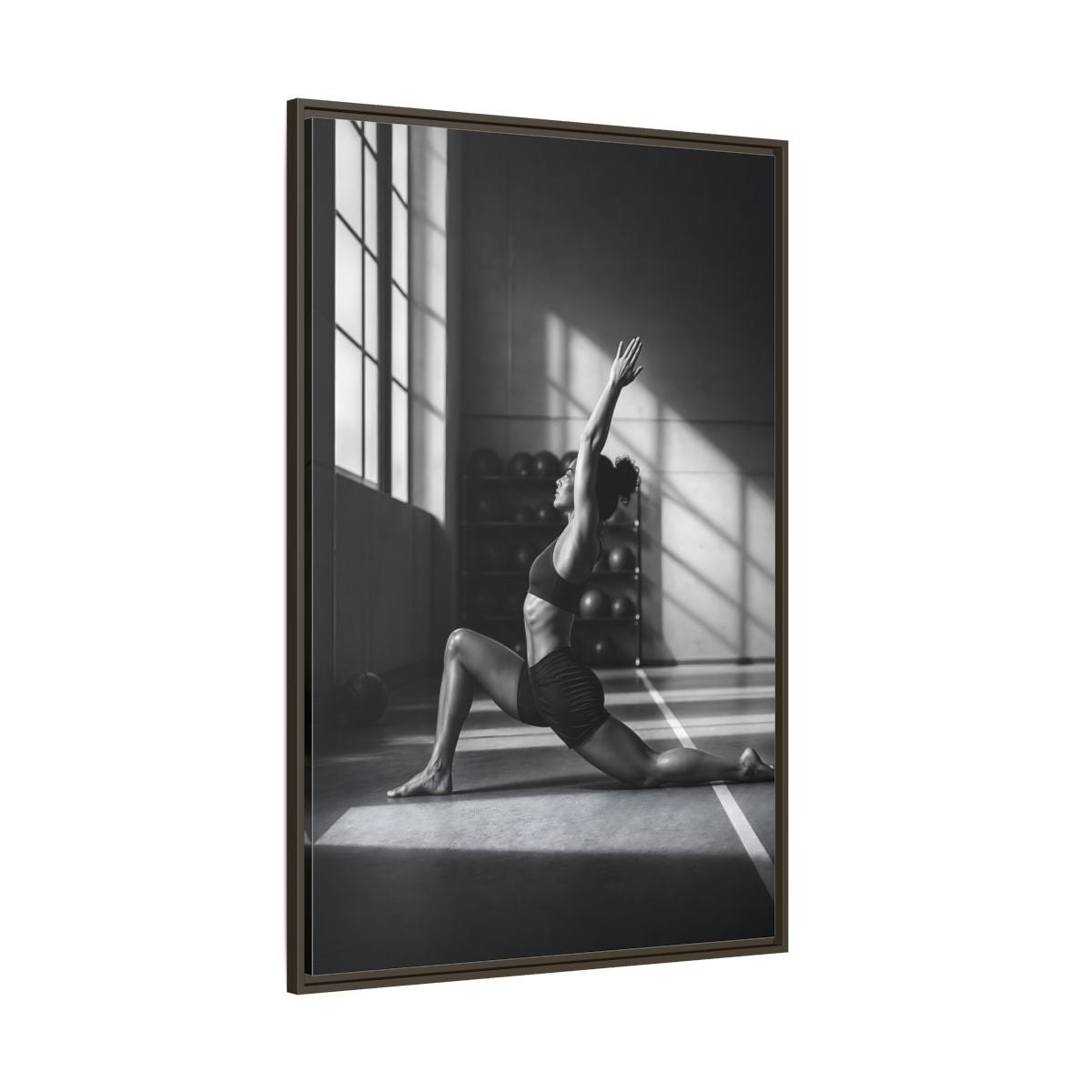 Side Mockup 8. Sports Woman Stretching Monochrome Fitness shown as framed canvas print