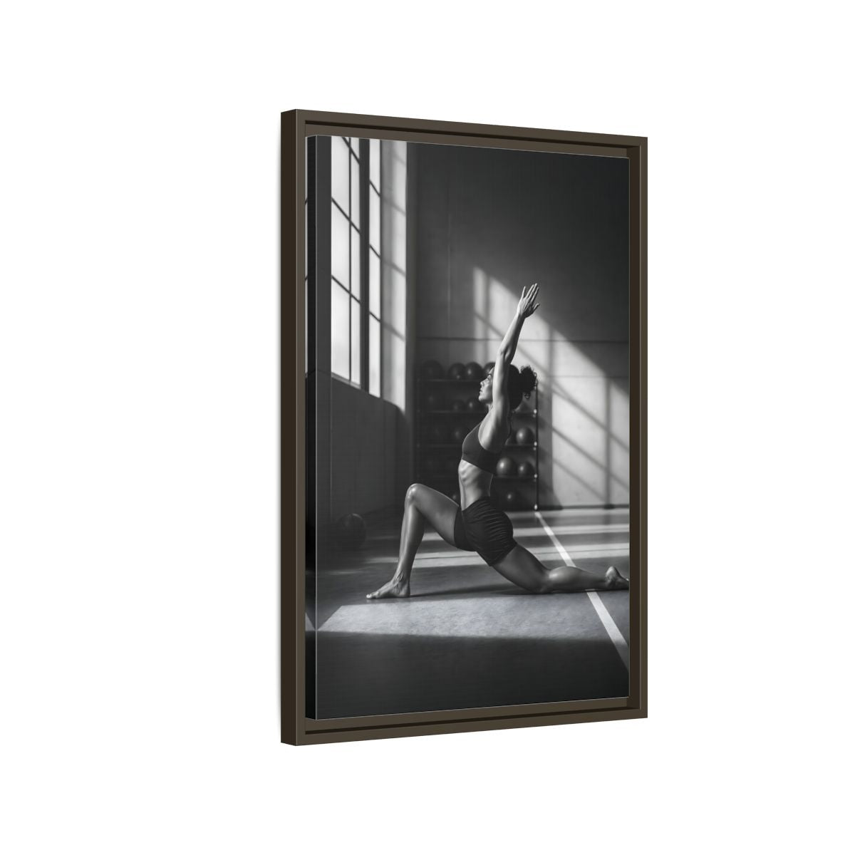 Side Mockup 2. Sports Woman Stretching Monochrome Fitness shown as framed canvas print
