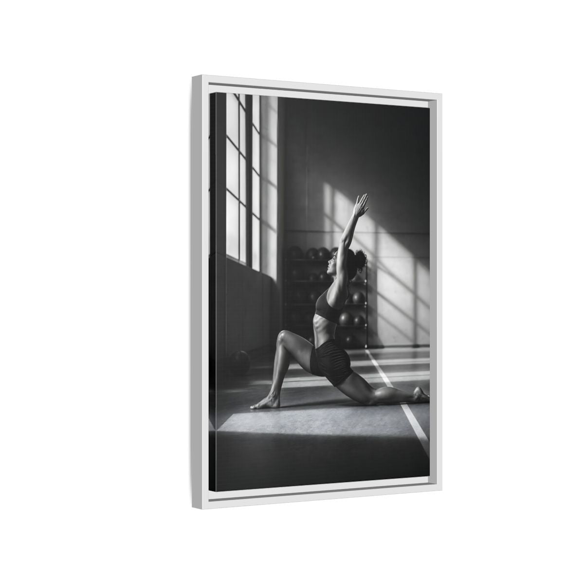 Side Mockup 1. Sports Woman Stretching Monochrome Fitness shown as framed canvas print
