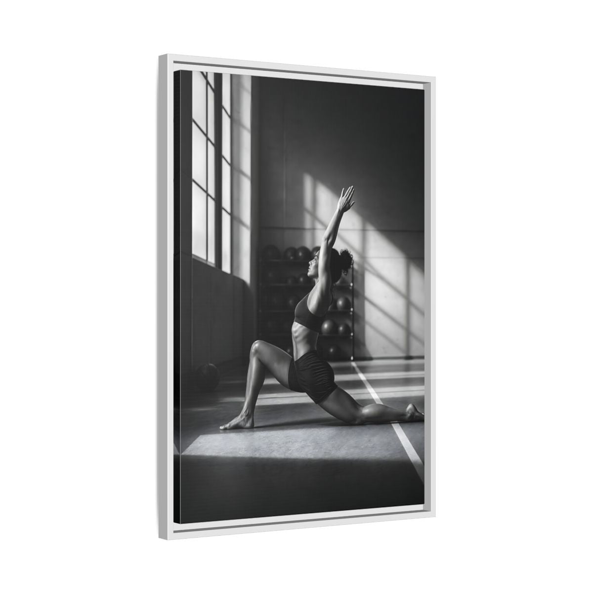 Side Mockup 10. Sports Woman Stretching Monochrome Fitness shown as framed canvas print
