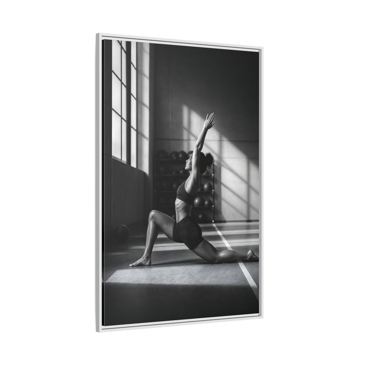 Side Mockup 7. Sports Woman Stretching Monochrome Fitness shown as framed canvas print