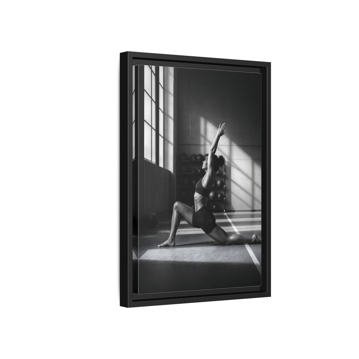 Side Mockup 6. Sports Woman Stretching Monochrome Fitness shown as framed canvas print