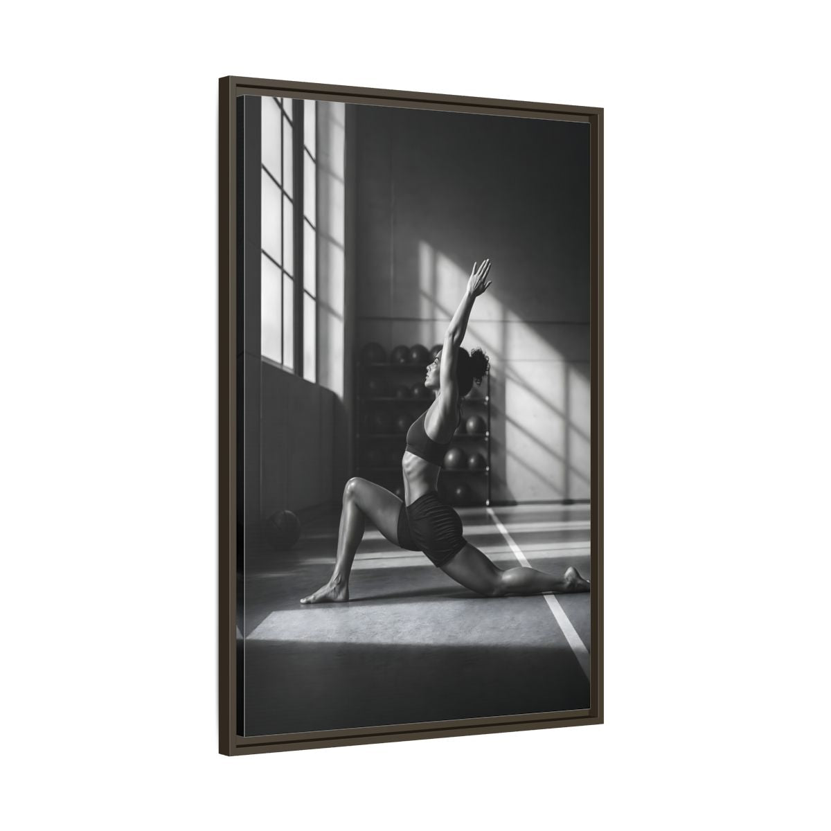 Main Mockup. Sports Woman Stretching Monochrome Fitness shown as framed canvas print