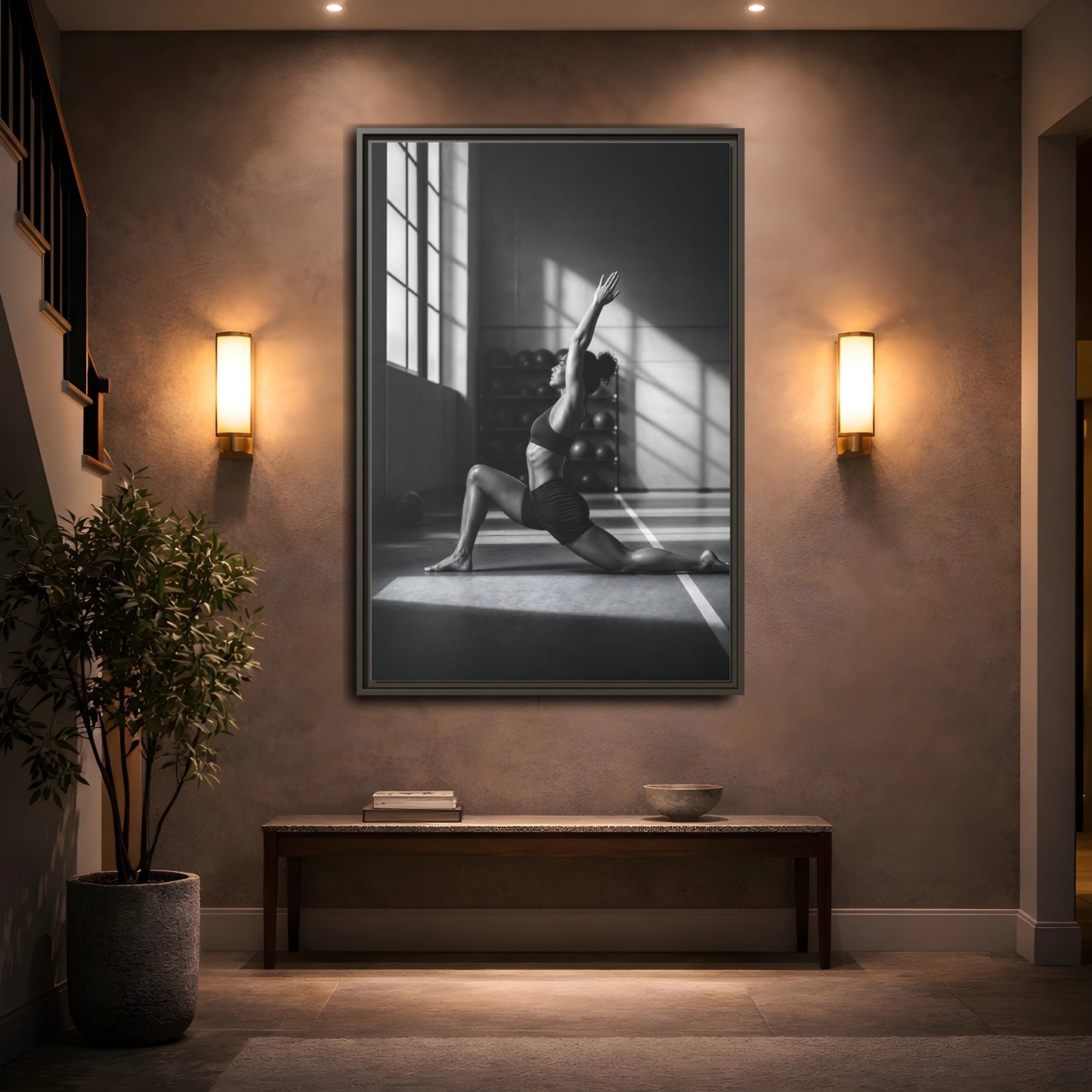 Mockup 2. Sports Woman Stretching Monochrome Fitness shown as framed canvas print