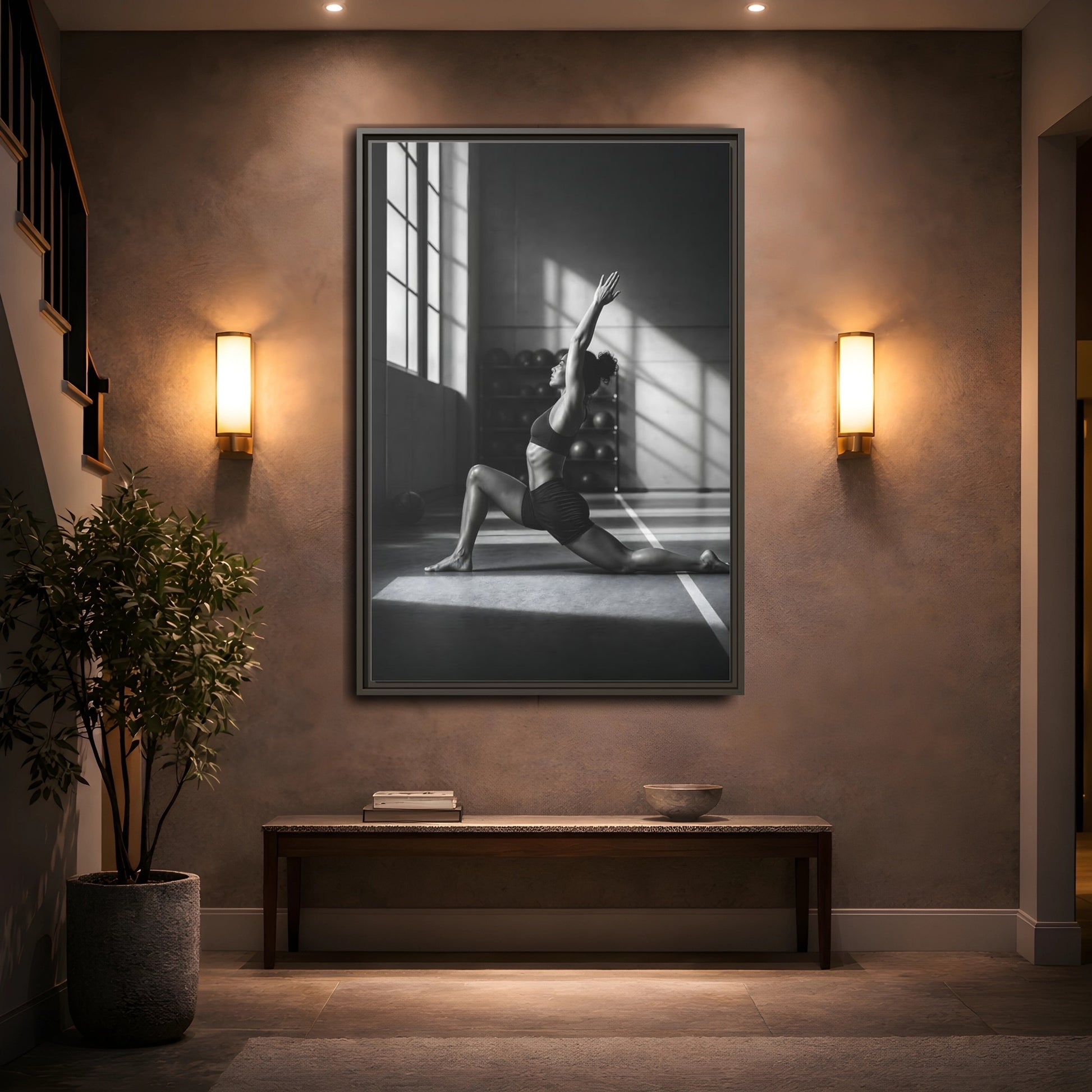 Mockup 2. Sports Woman Stretching Monochrome Fitness shown as framed canvas print