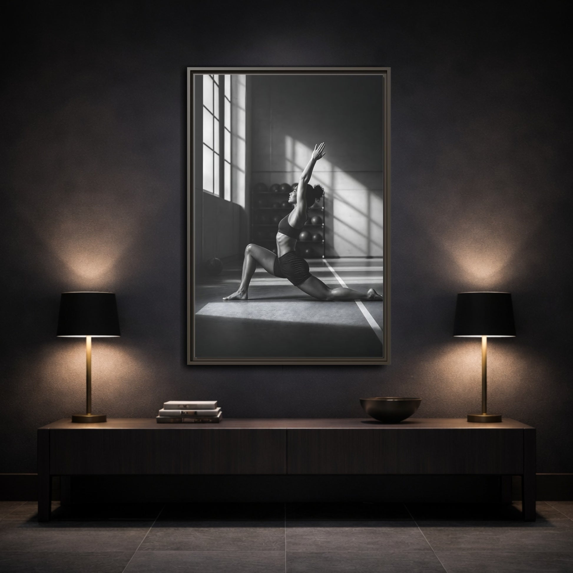 Mockup 3. Sports Woman Stretching Monochrome Fitness shown as framed canvas print