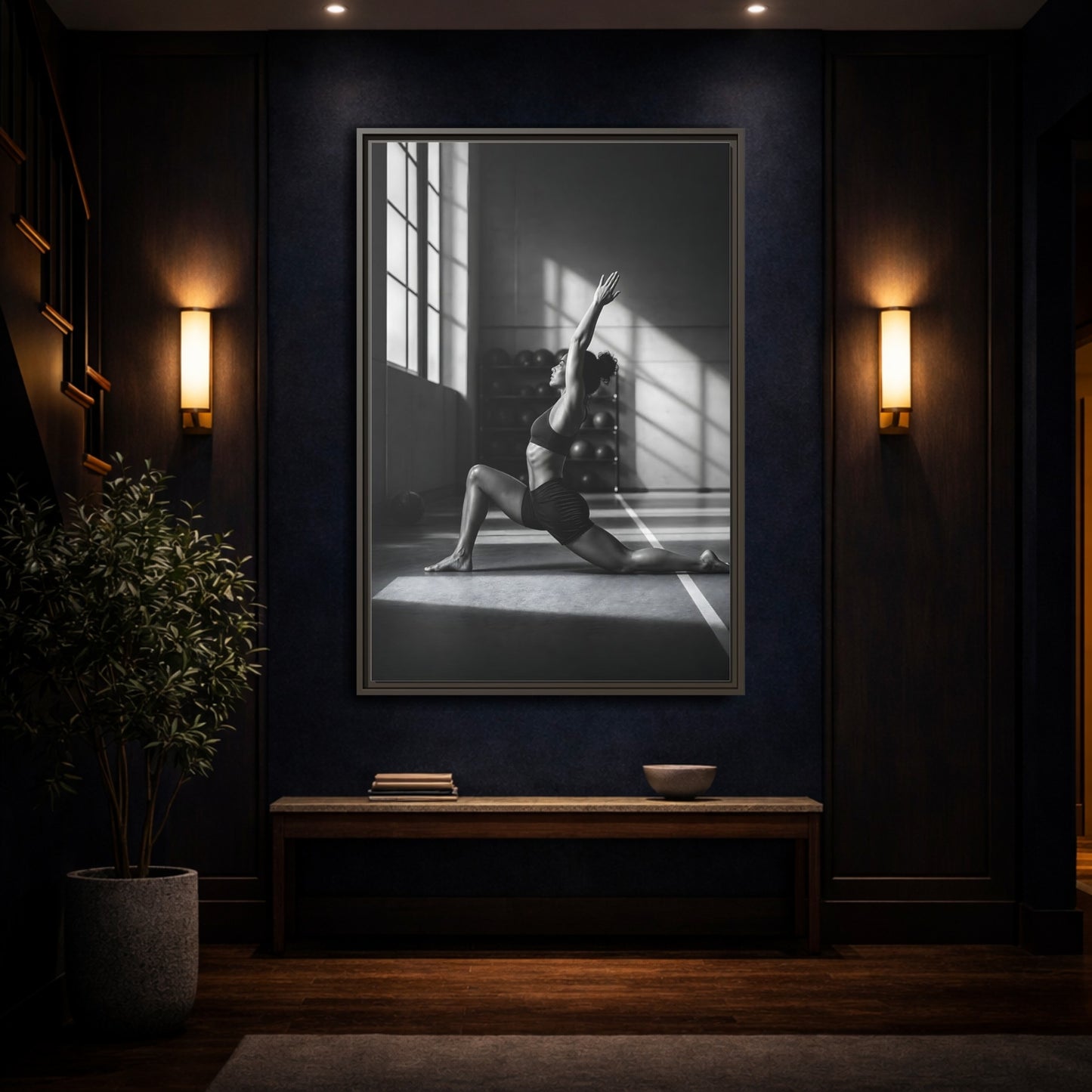 Mockup 4. Sports Woman Stretching Monochrome Fitness shown as framed canvas print