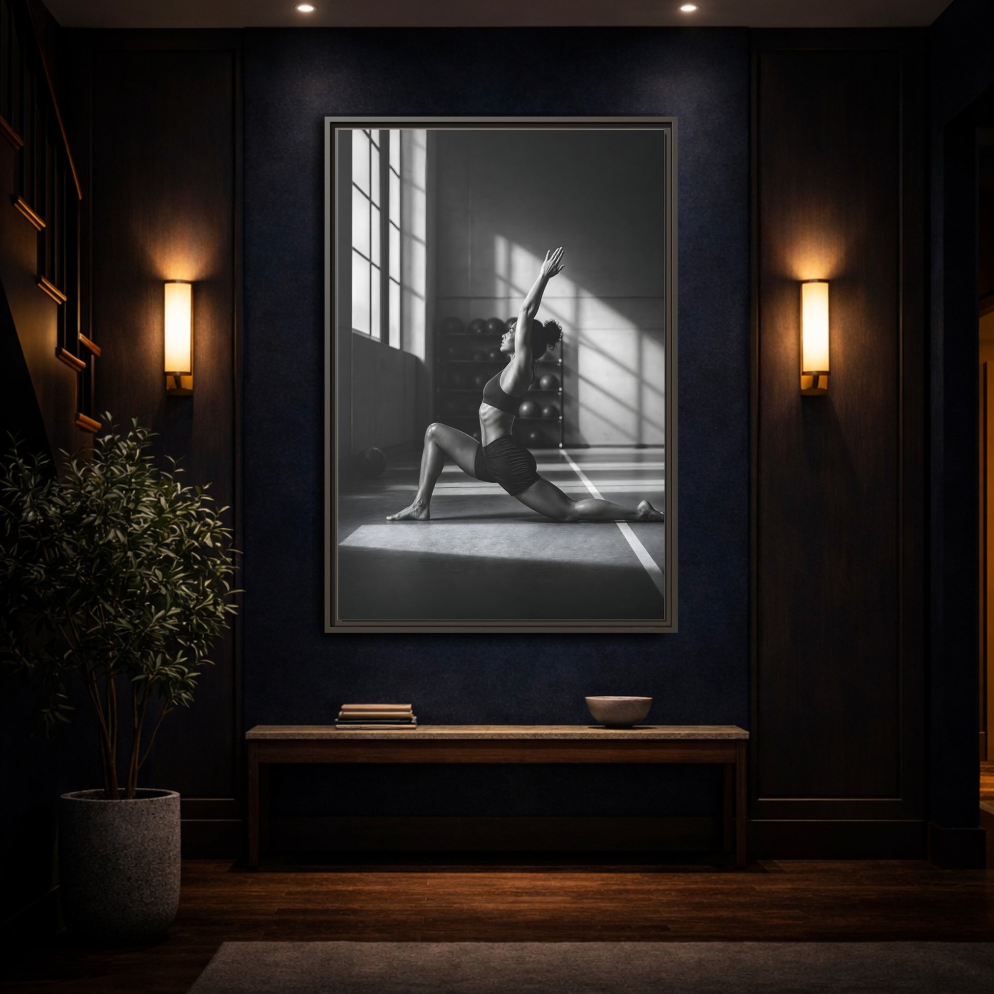 Mockup 4. Sports Woman Stretching Monochrome Fitness shown as framed canvas print