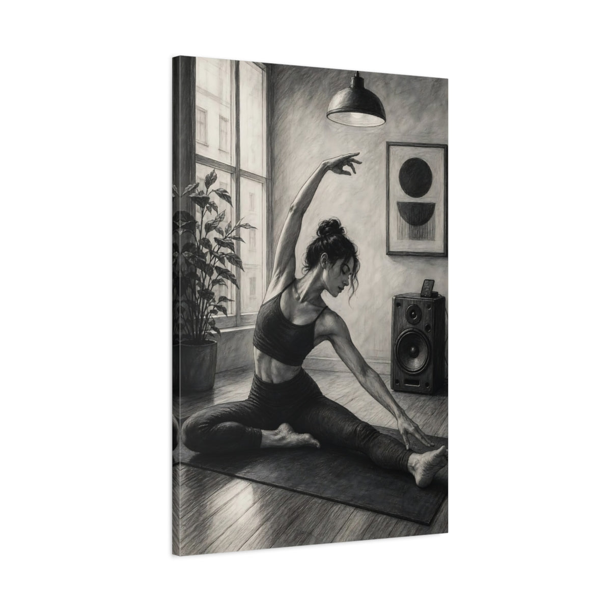 Main Mockup. Sports Woman Stretching Monochrome Yoga shown as canvas print