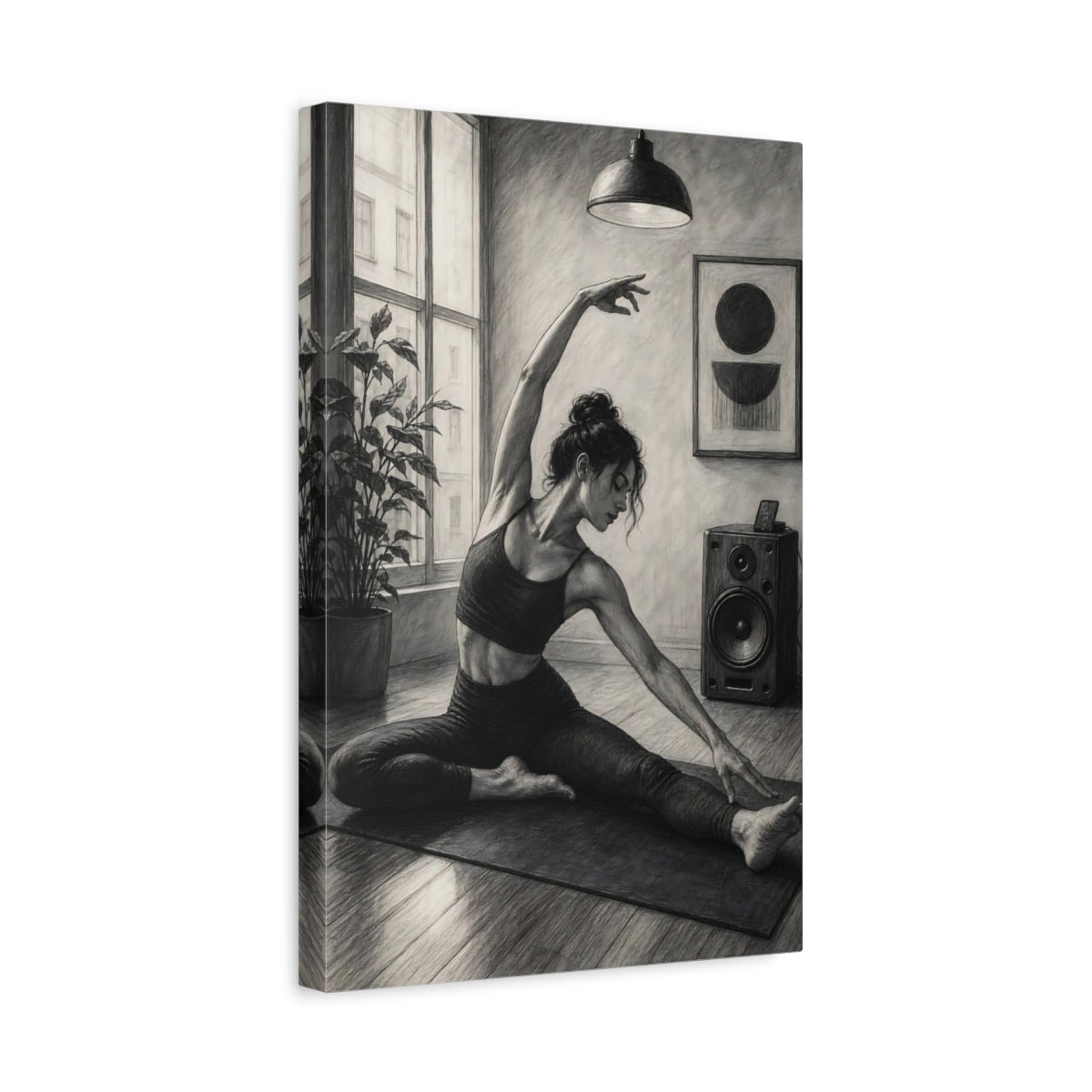Side Mockup 4. Sports Woman Stretching Monochrome Yoga shown as canvas print