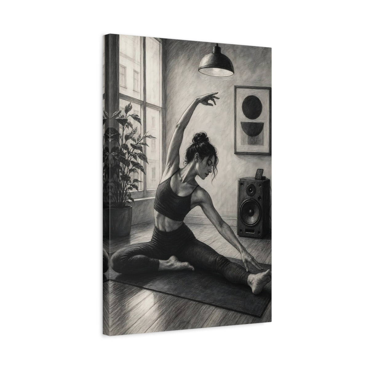 Side Mockup 3. Sports Woman Stretching Monochrome Yoga shown as canvas print
