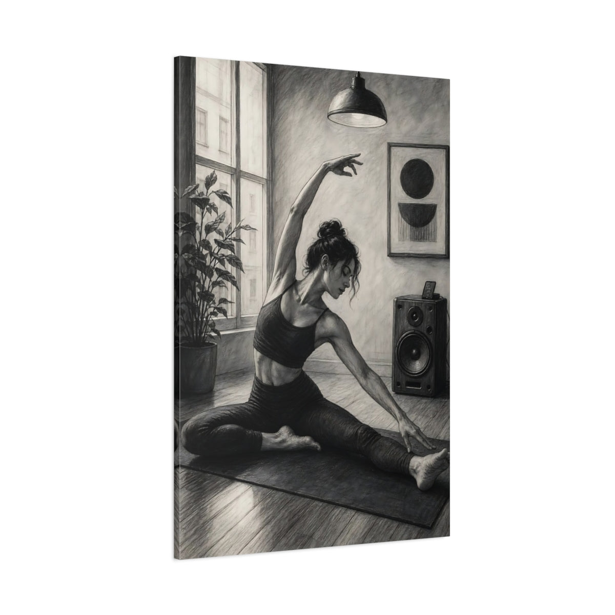 Side Mockup 1. Sports Woman Stretching Monochrome Yoga shown as canvas print