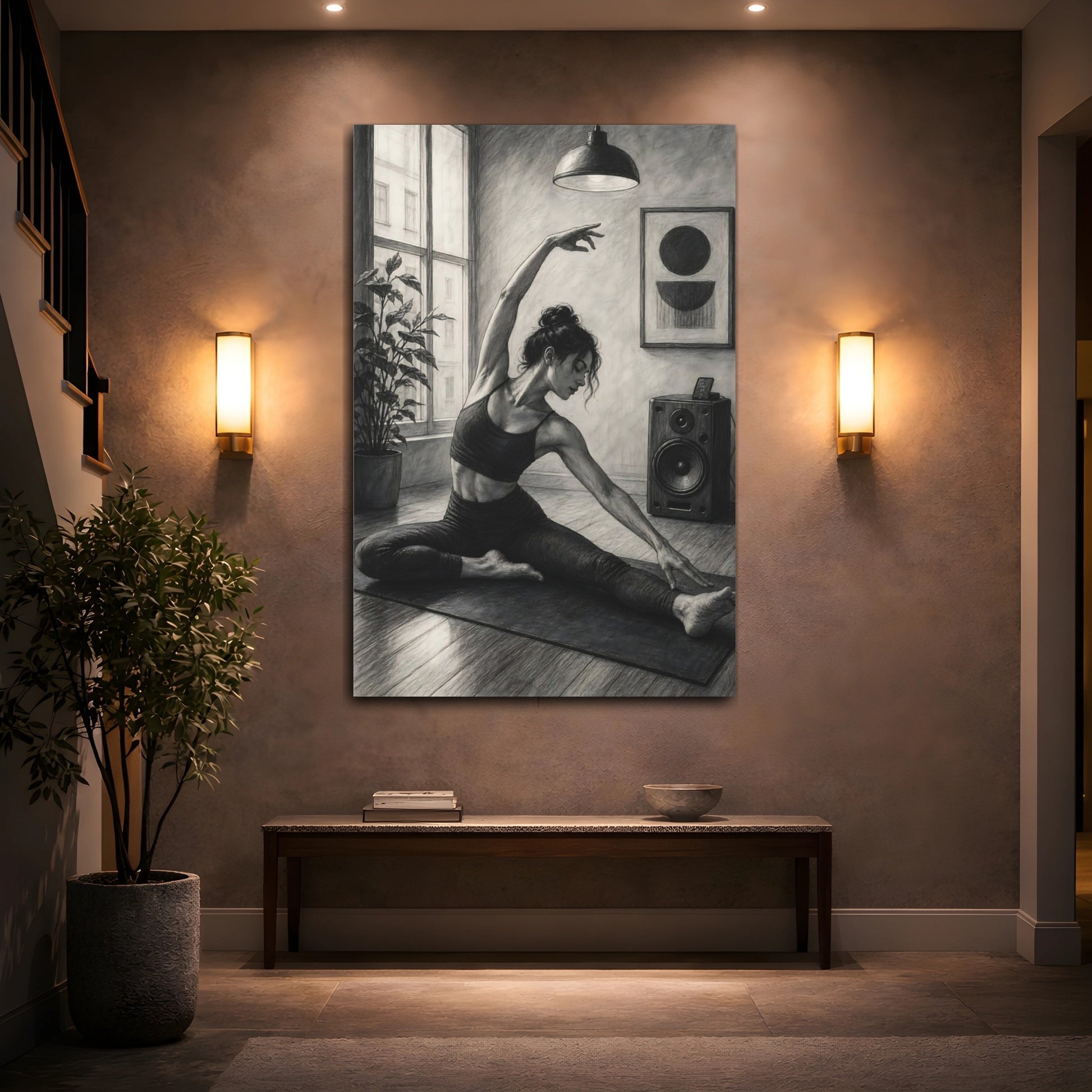 Mockup 2. Sports Woman Stretching Monochrome Yoga shown as canvas print
