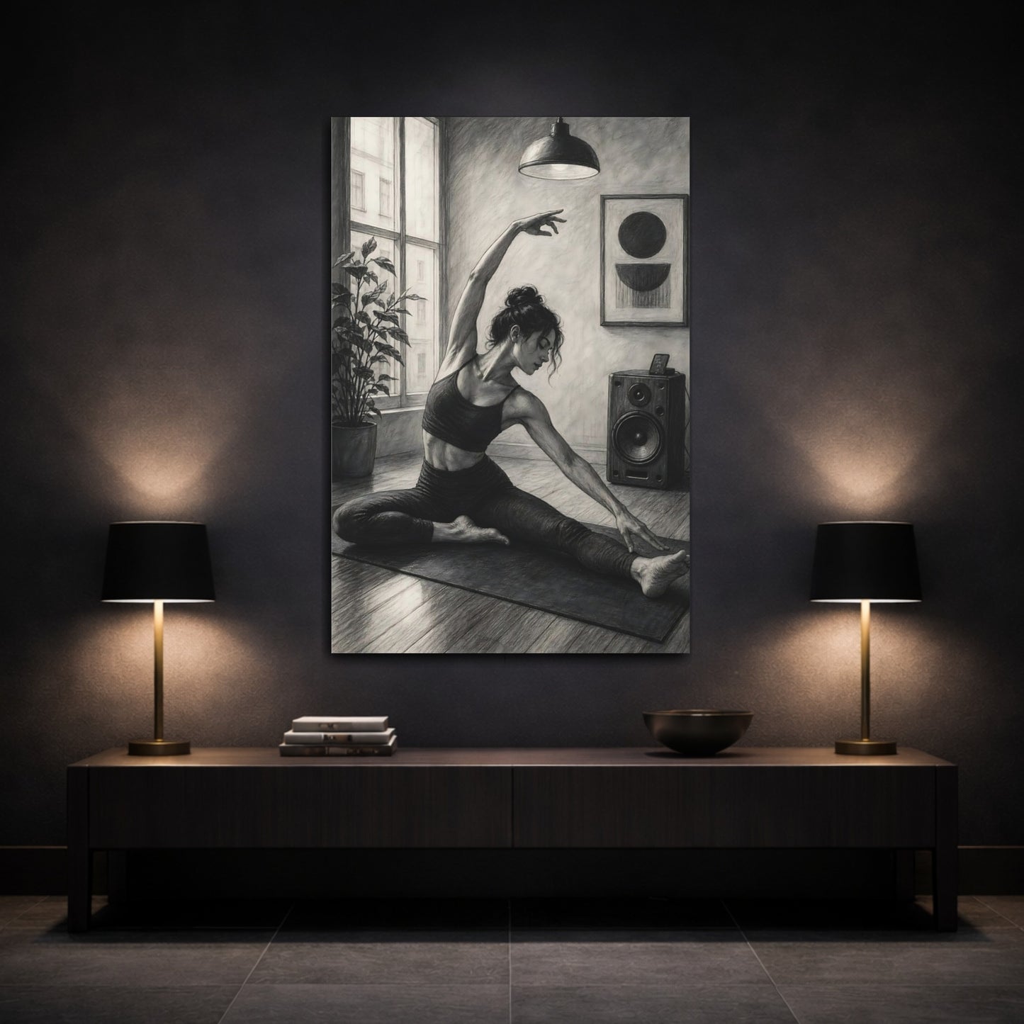 Mockup 3. Sports Woman Stretching Monochrome Yoga shown as canvas print