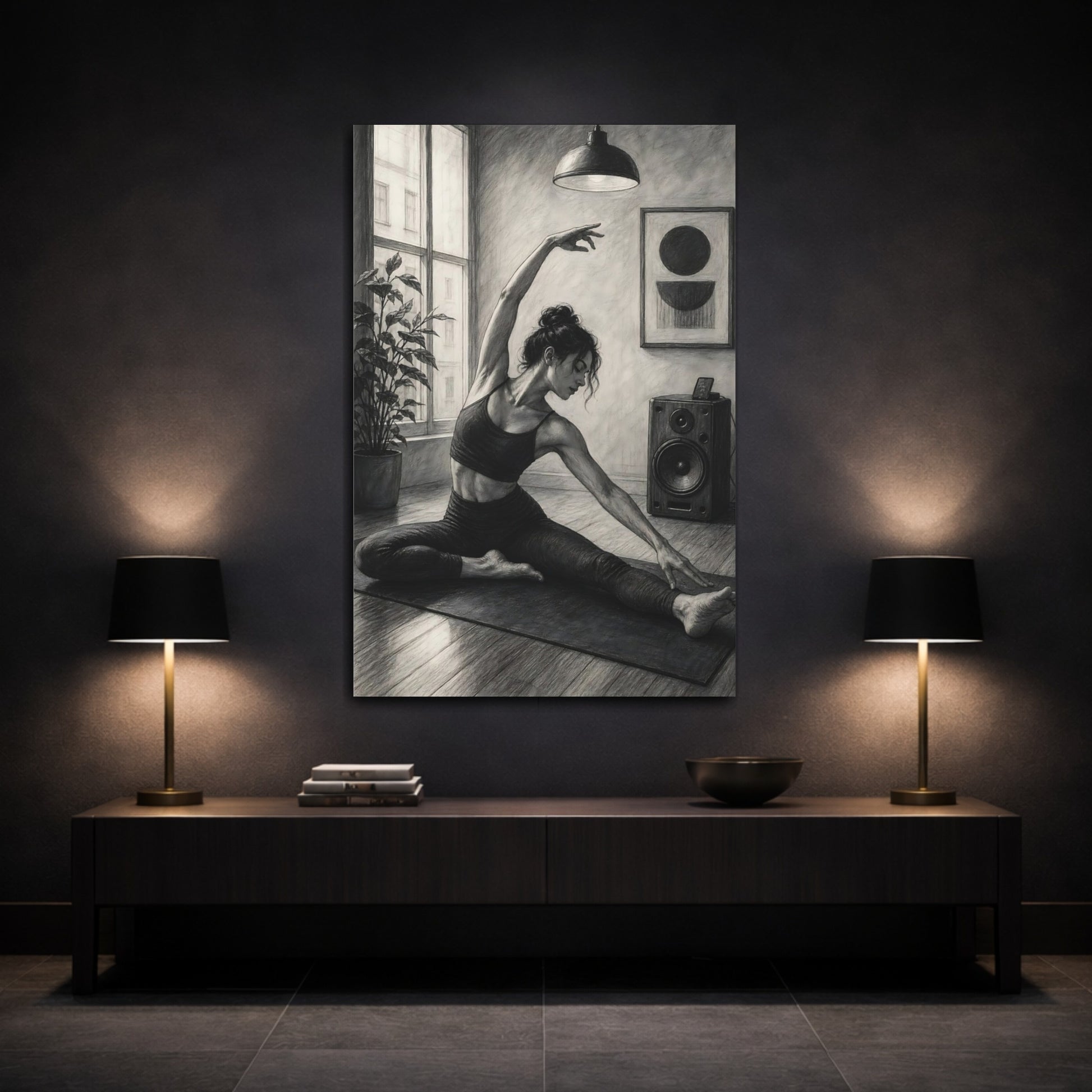 Mockup 3. Sports Woman Stretching Monochrome Yoga shown as canvas print