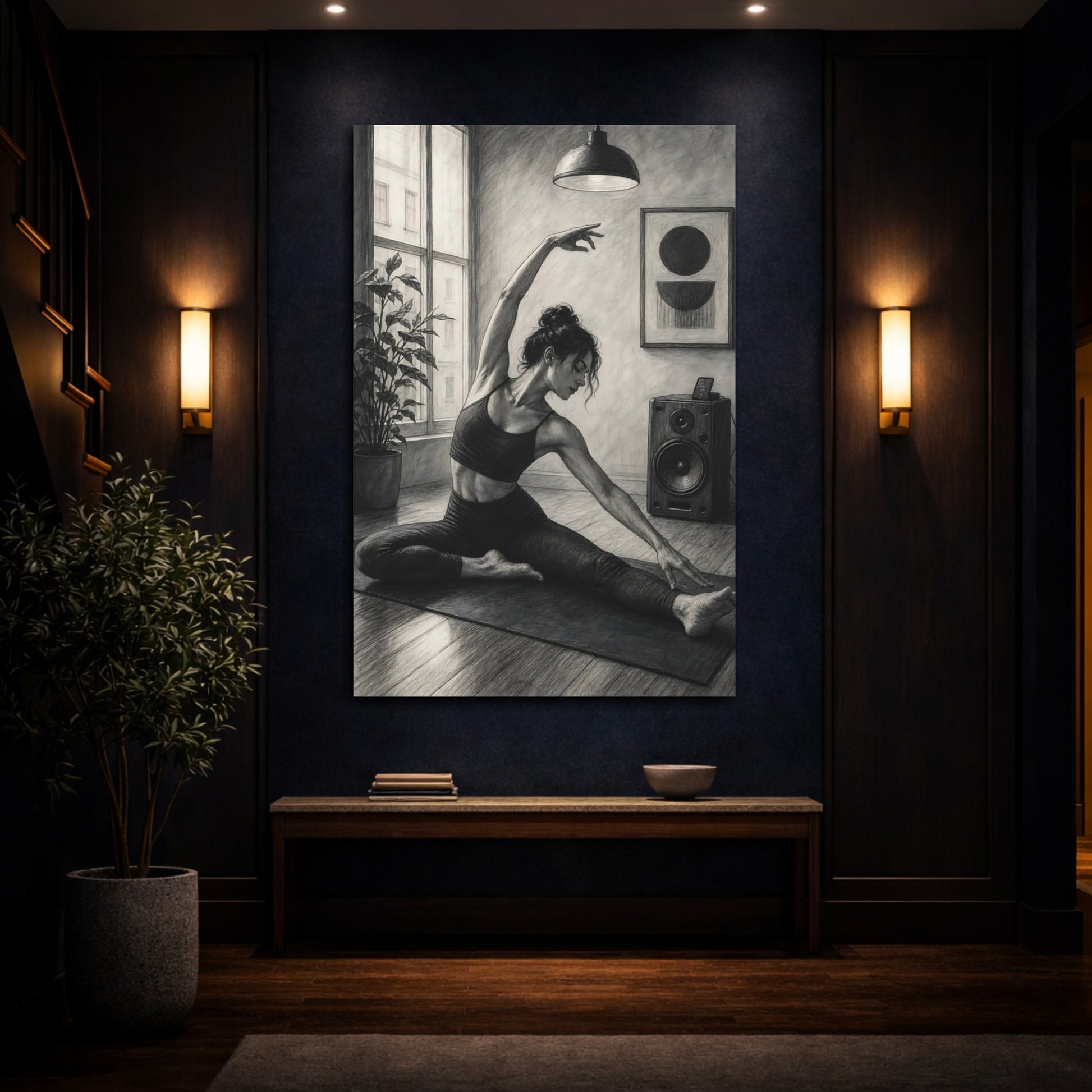 Mockup 4. Sports Woman Stretching Monochrome Yoga shown as canvas print