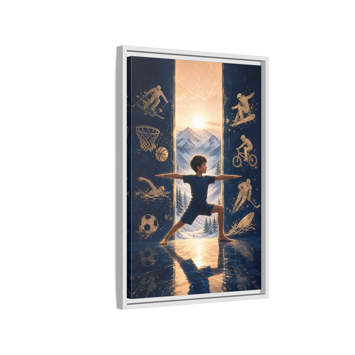 Side Mockup 1. Sports Yoga Boy Blue Yoga Sports shown as framed canvas print