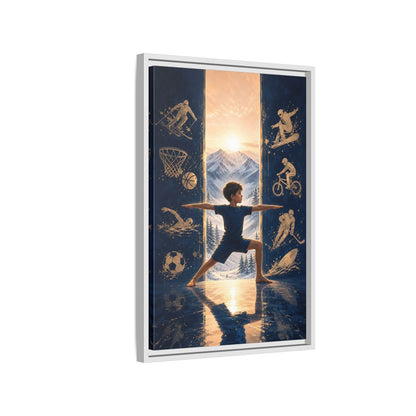 Side Mockup 1. Sports Yoga Boy Blue Yoga Sports shown as framed canvas print