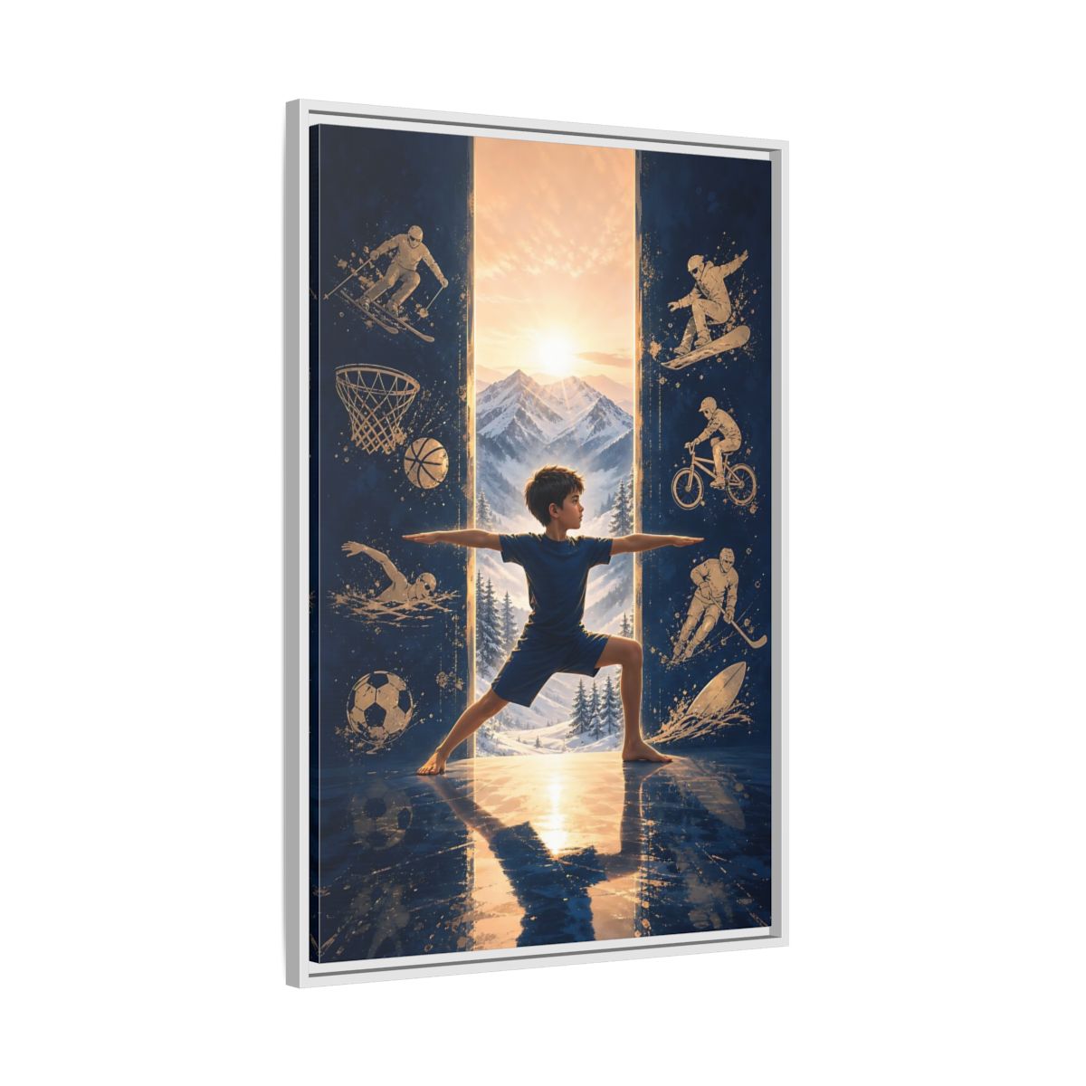 Side Mockup 9. Sports Yoga Boy Blue Yoga Sports shown as framed canvas print