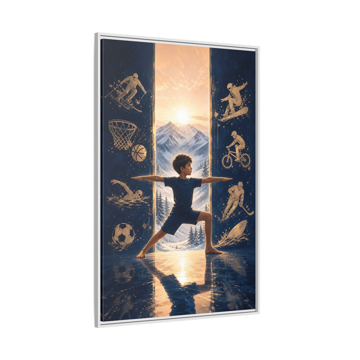 Side Mockup 7. Sports Yoga Boy Blue Yoga Sports shown as framed canvas print
