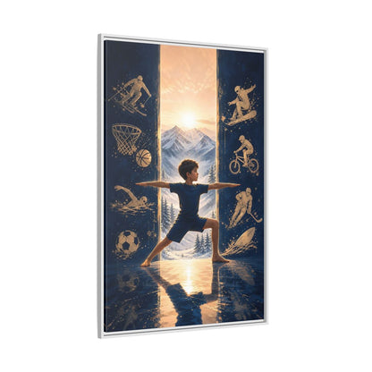 Side Mockup 7. Sports Yoga Boy Blue Yoga Sports shown as framed canvas print