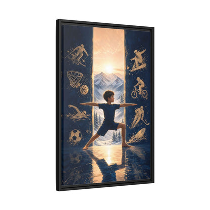 Side Mockup 14. Sports Yoga Boy Blue Yoga Sports shown as framed canvas print