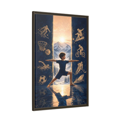 Main Mockup. Sports Yoga Boy Blue Yoga Sports shown as framed canvas print